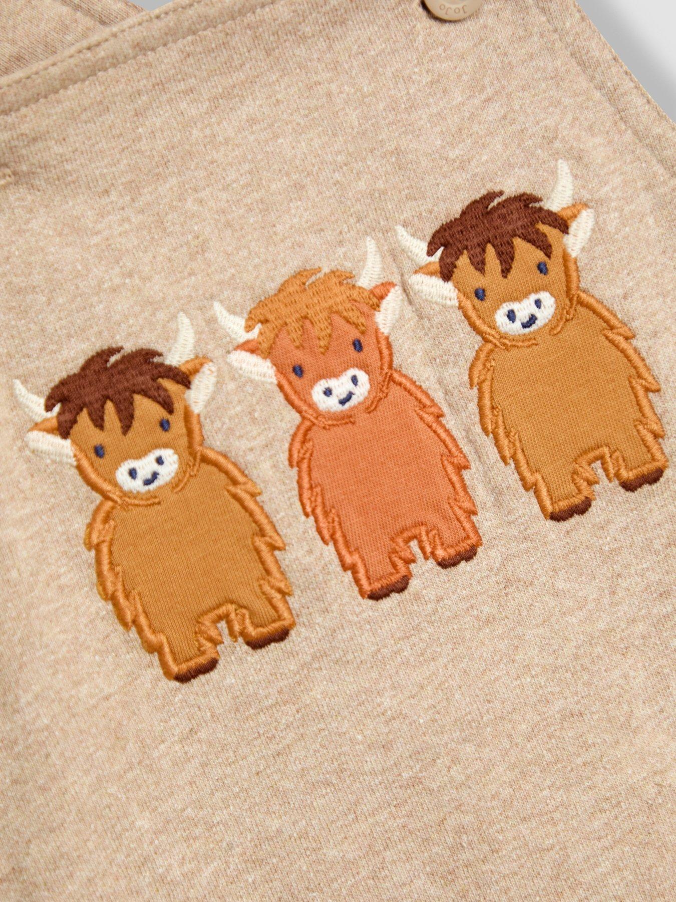 Image 6 of 6 of JoJo Maman Bebe Baby Boys 2-Piece Highland Cow Dungarees and Top Set - Beige