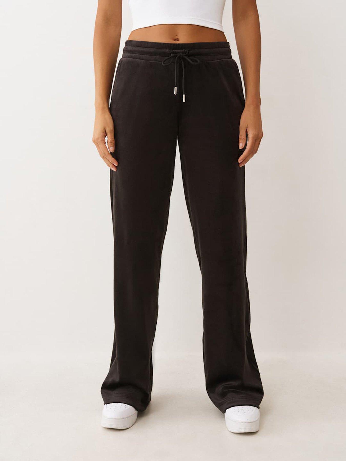 undefined Branded Crystal Velour Straight Leg Sweat Pants - Black