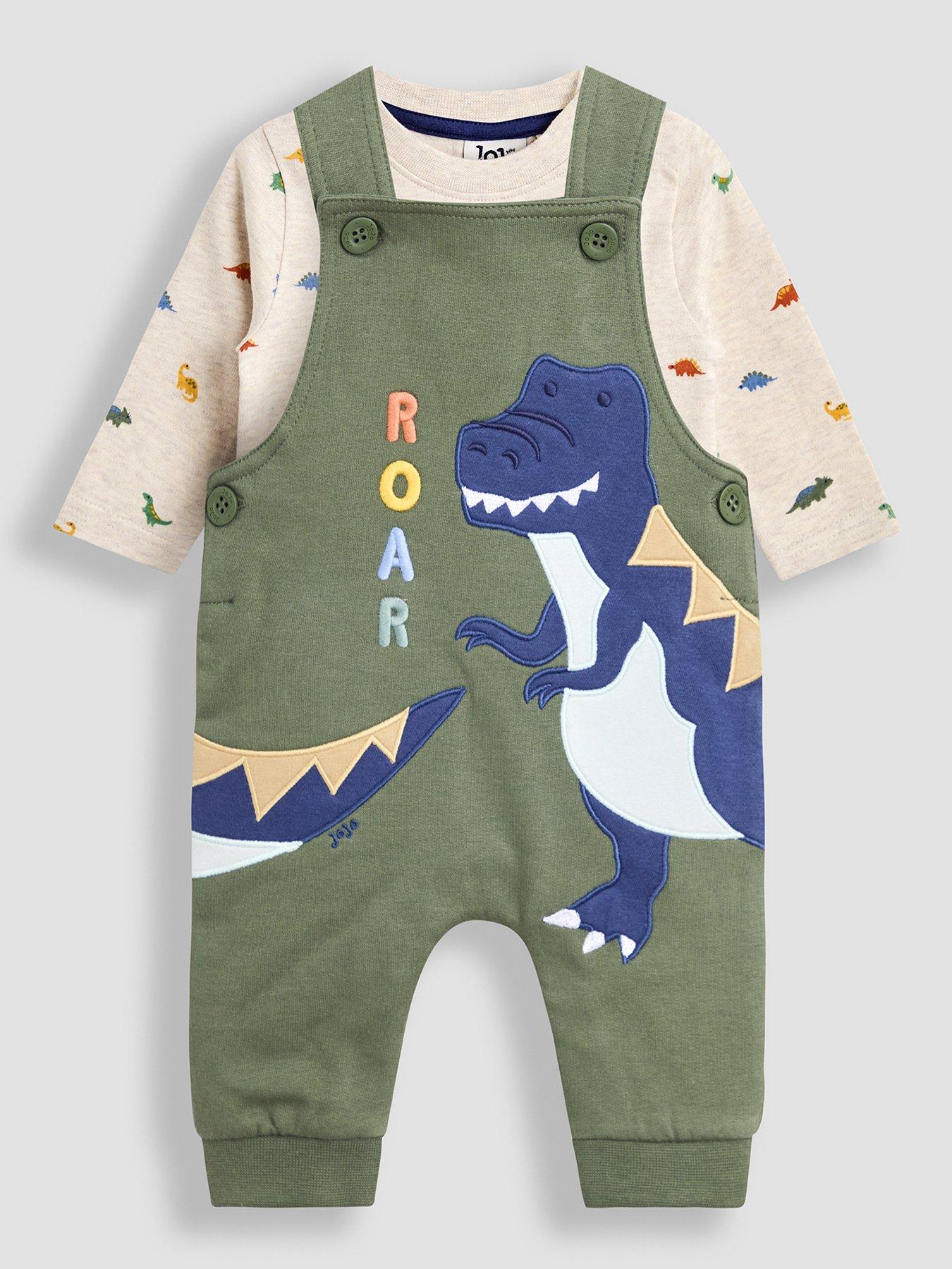 Image 1 of 6 of JoJo Maman Bebe Baby Boys 2 Piece Dino Dungarees & Top Set - Green