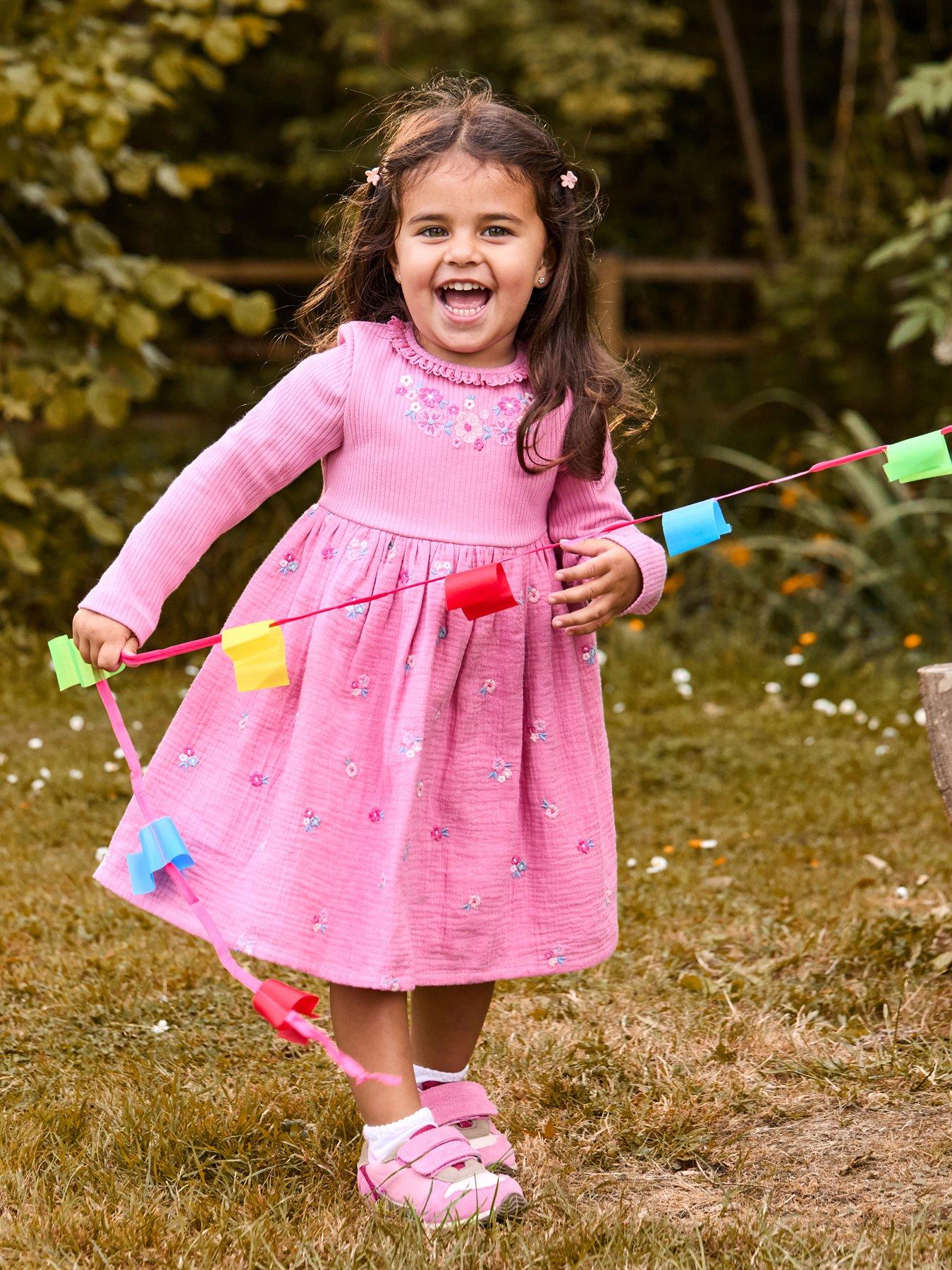 JoJo Maman Bebe Toddler Girls Pretty Flower Embroidered Combo Dress - Pink