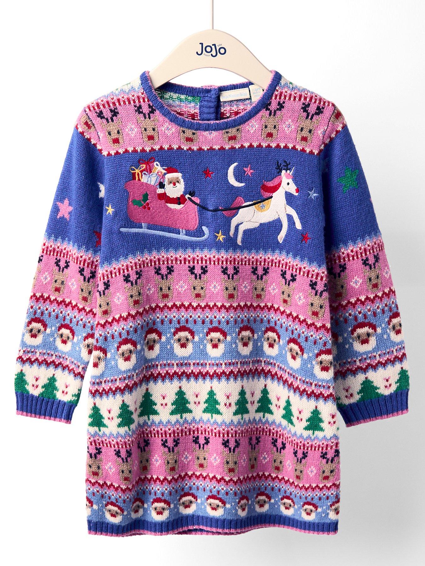 JoJo Maman Bebe Toddler Girls Santa  &  Reindeer Fair Isle Knitted Dress - Navy