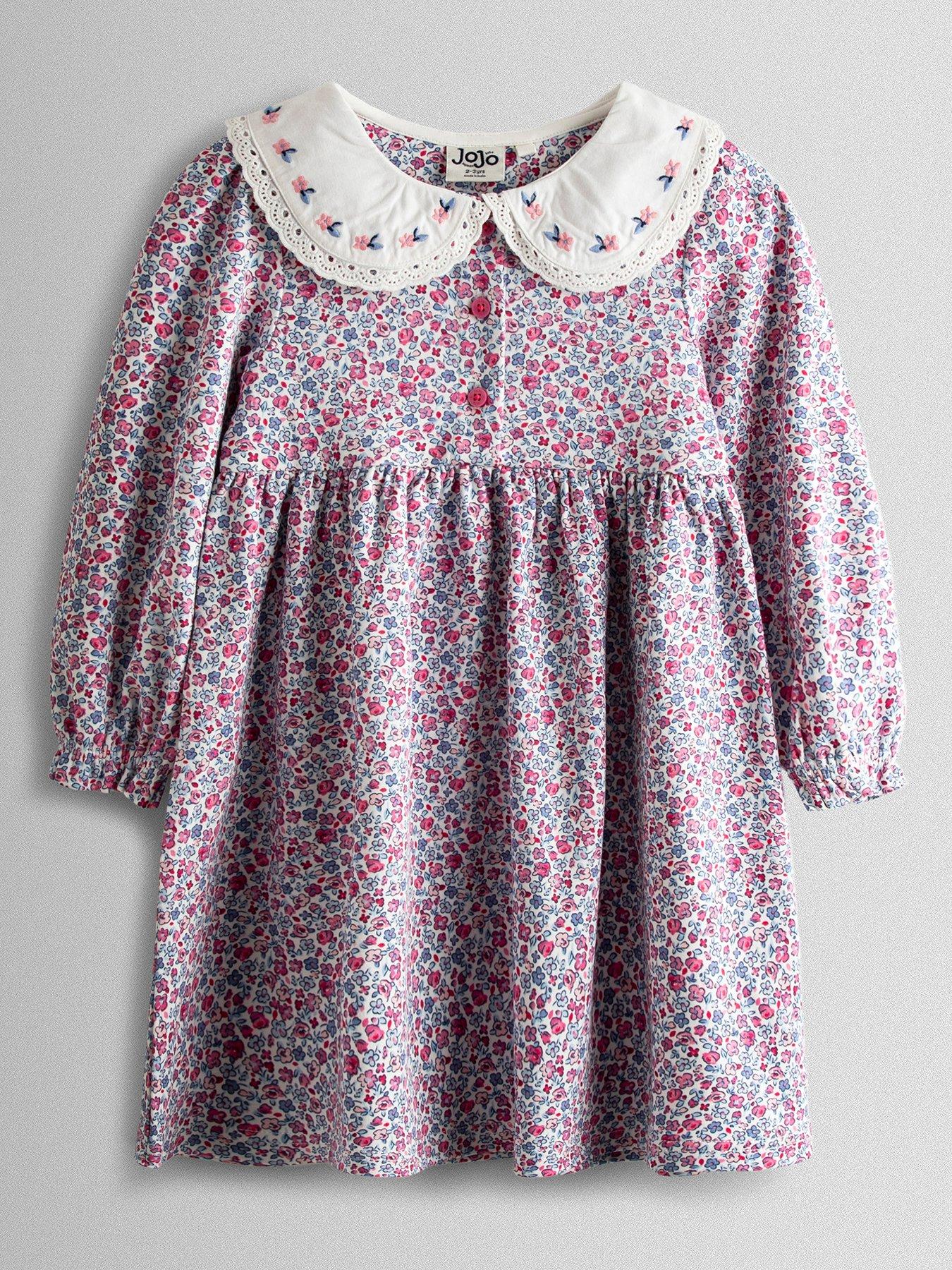 JoJo Maman Bebe Toddler Girls Floral Button Front Peter Pan Dress - Dark Red