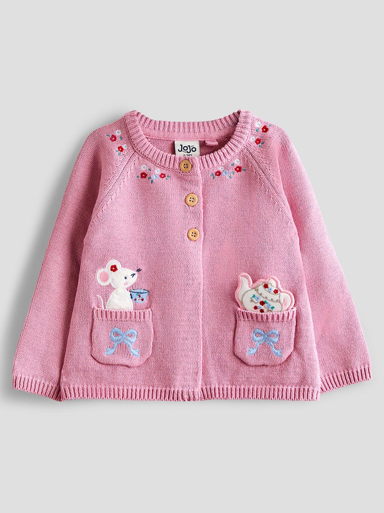 JoJo Maman Bebe Toddler Girls Mouse  &  Teapot Pet In Pocket Cardigan - Pink