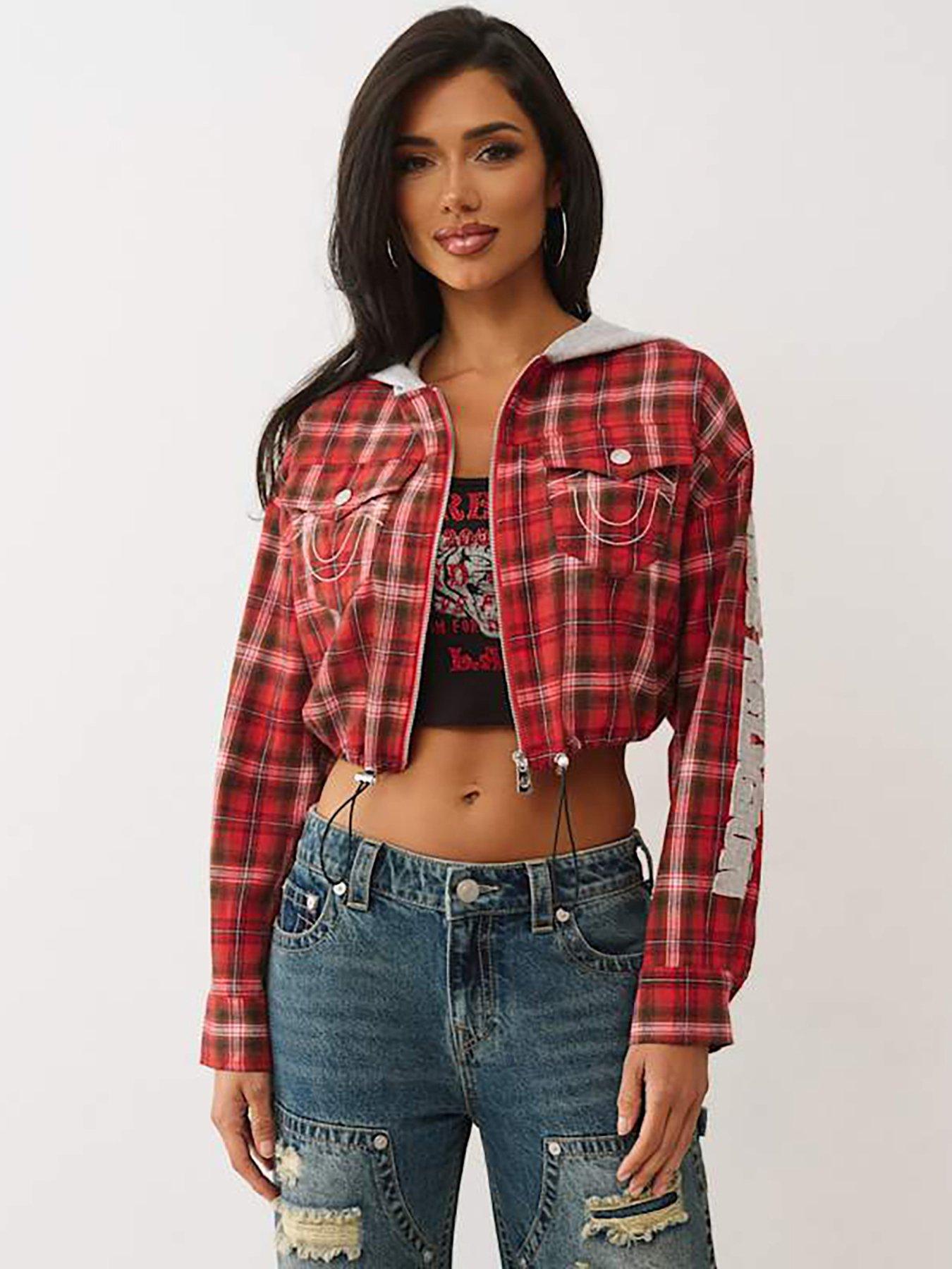 TRUE RELIGION Applique Hoodie Shrunken Zip Woven Top - Red