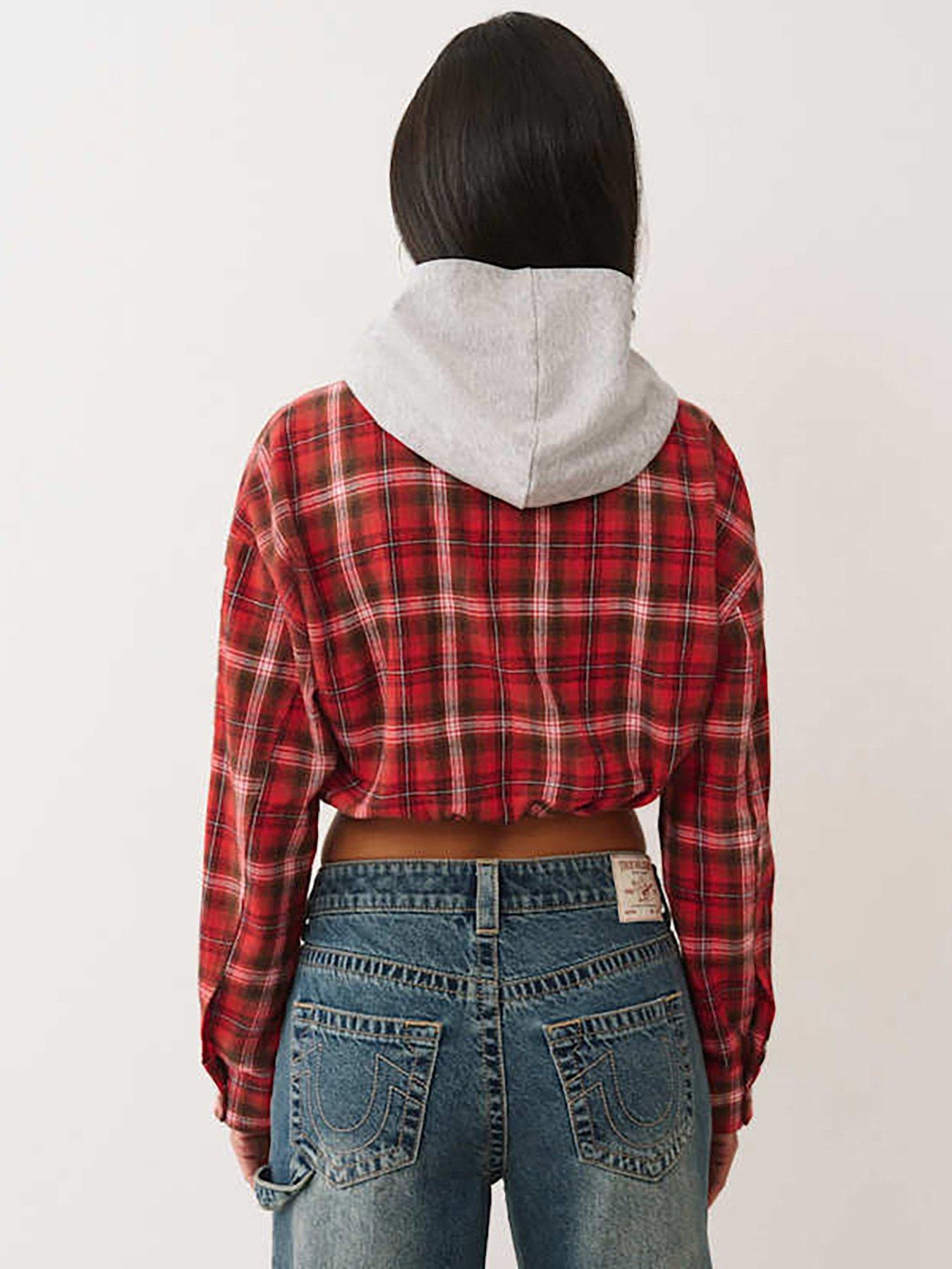  image of true-religion-applique-hoodie-shrunken-zip-woven-top-red