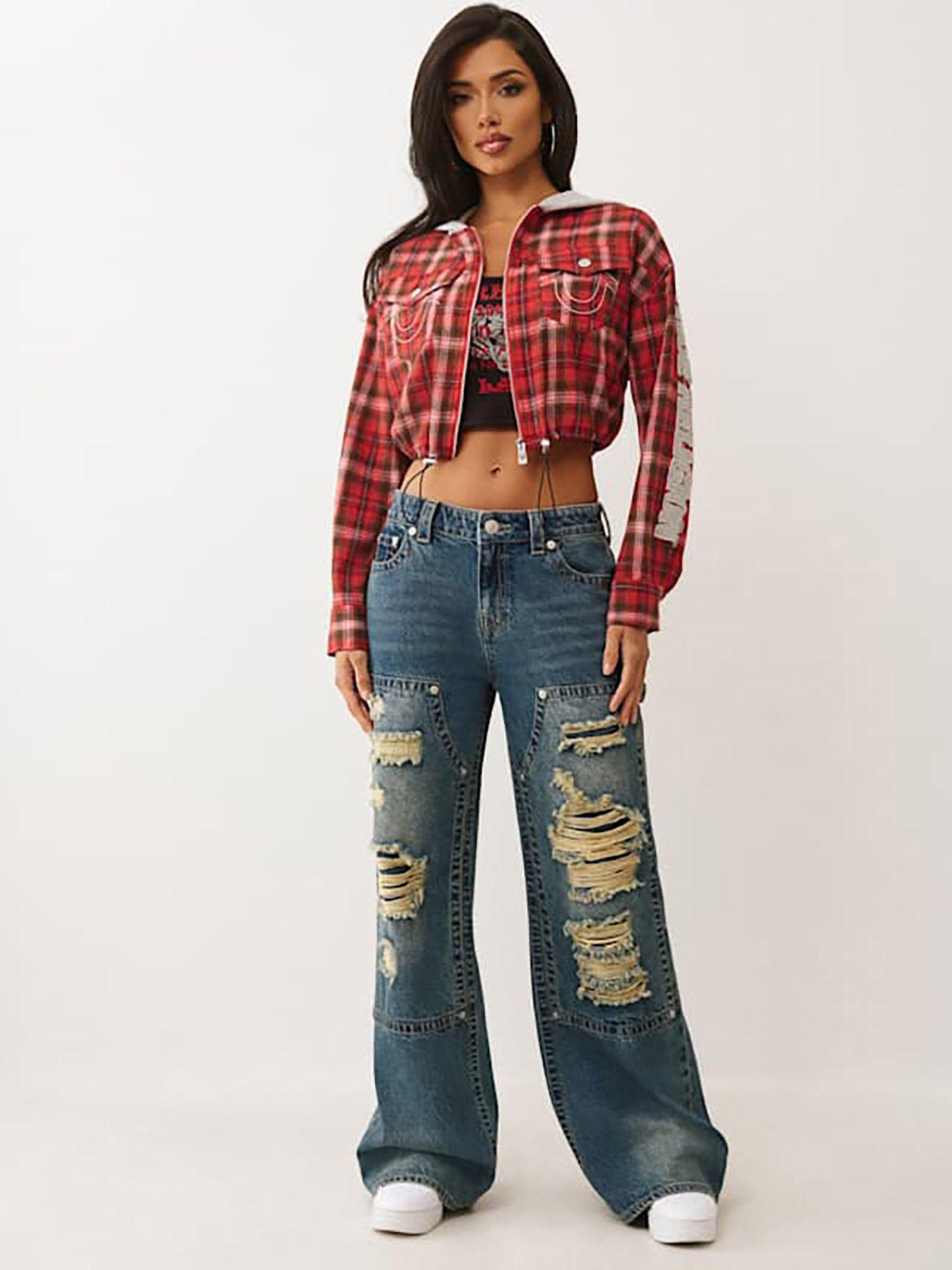  image of true-religion-applique-hoodie-shrunken-zip-woven-top-red