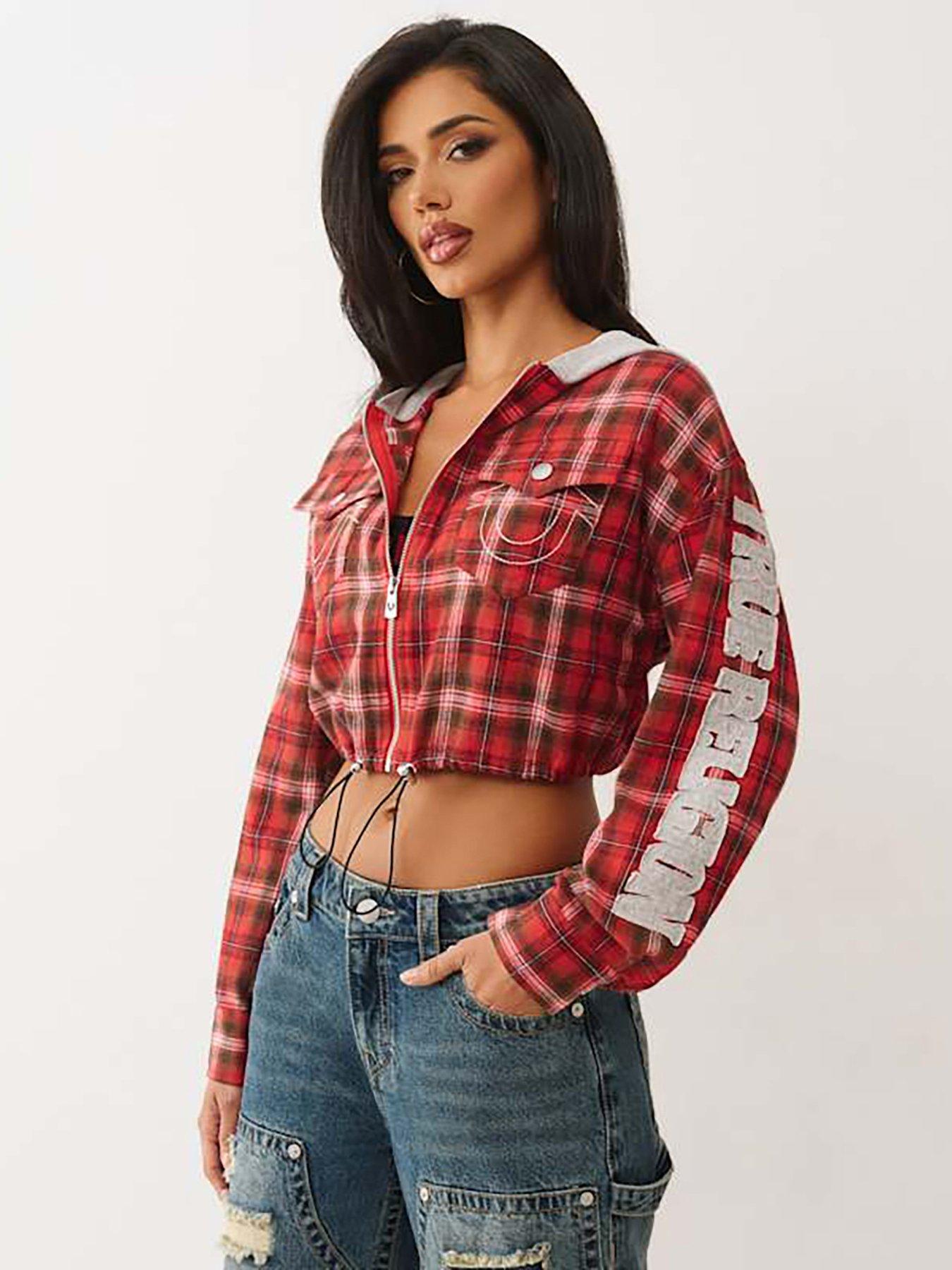  image of true-religion-applique-hoodie-shrunken-zip-woven-top-red