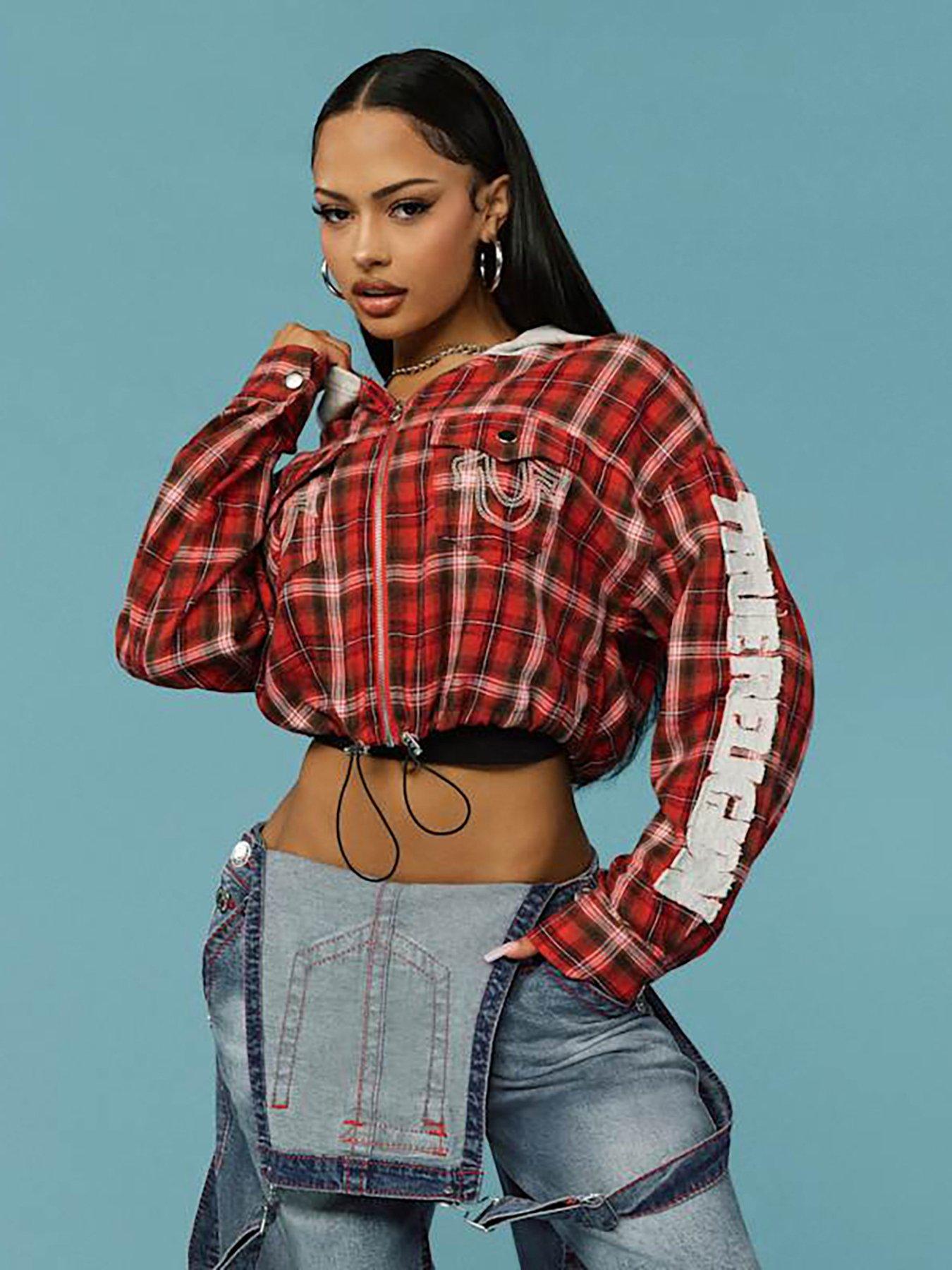  image of true-religion-applique-hoodie-shrunken-zip-woven-top-red