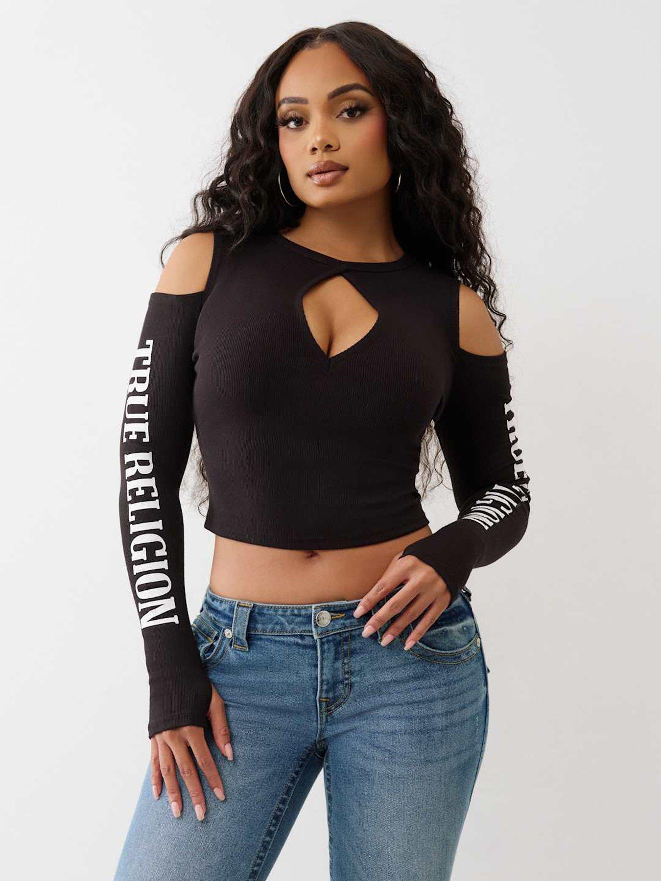 undefined Branded Cut Out Long Sleeve Top - Black
