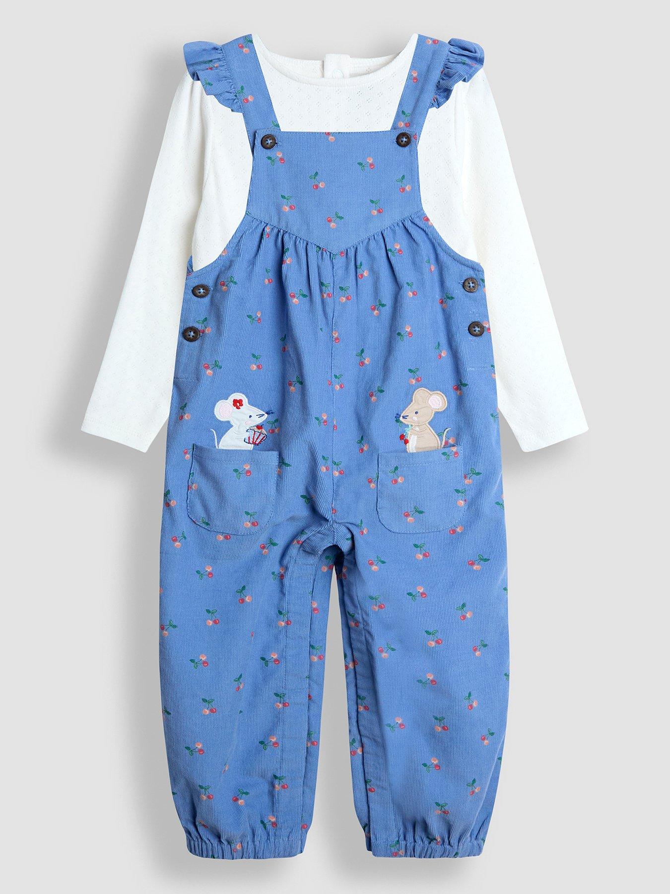 JoJo Maman Bebe Baby Girls Cherry Printed Cord Dungarees  &  Top Set - Blue