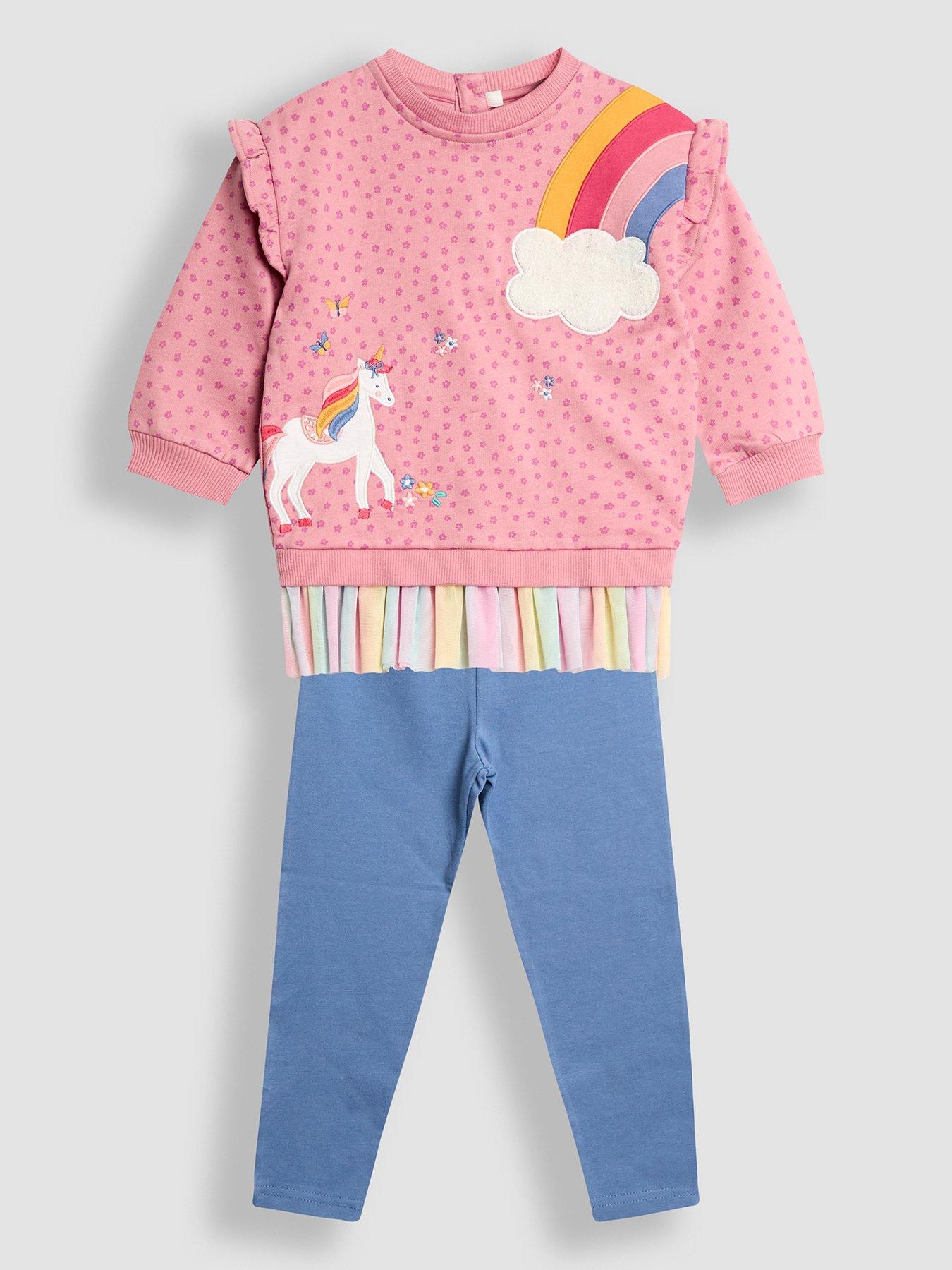 JoJo Maman Bebe Toddler Girls Unicorn  &  Rainbow Tulle Sweatshirt  &  Leggings Set - Pink