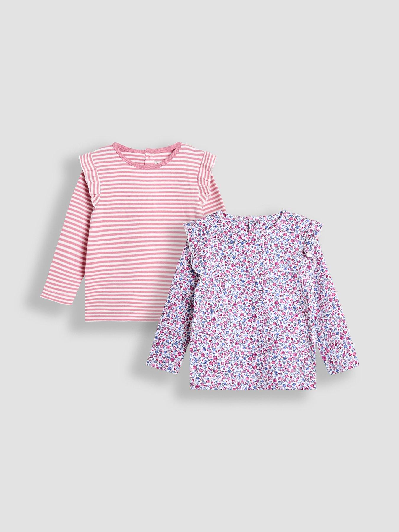 JoJo Maman Bebe Toddler Girls 2 Pack Ditsy and Stripe Frill Tops - Pink