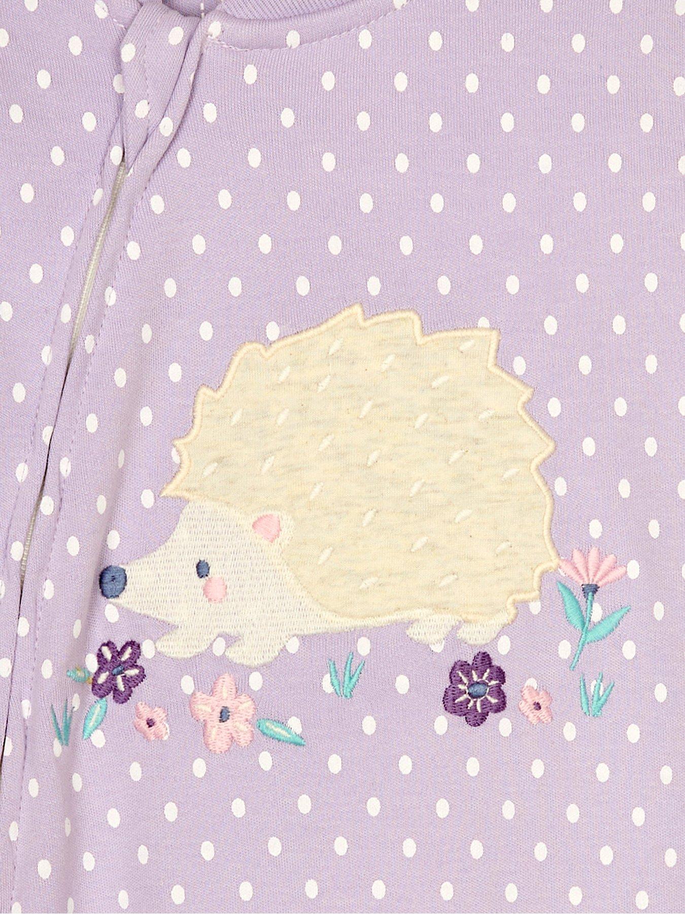 Image 4 of 4 of JoJo Maman Bebe Baby Girls Hedgehog Applique Zip Sleepsuit - Light Purple