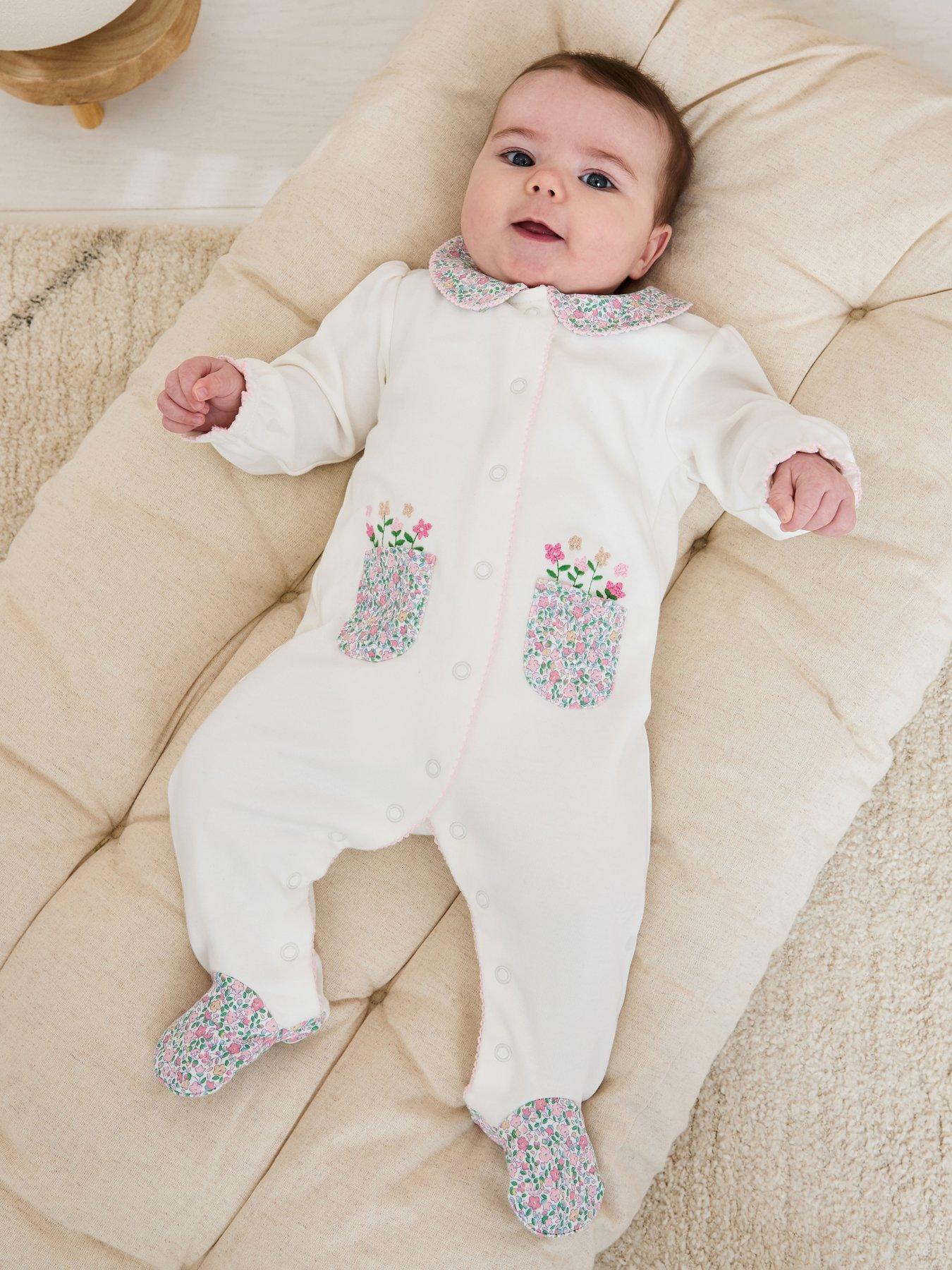 Image 1 of 6 of JoJo Maman Bebe Baby Girls Floral Embroidered Collar Sleepsuit - Cream