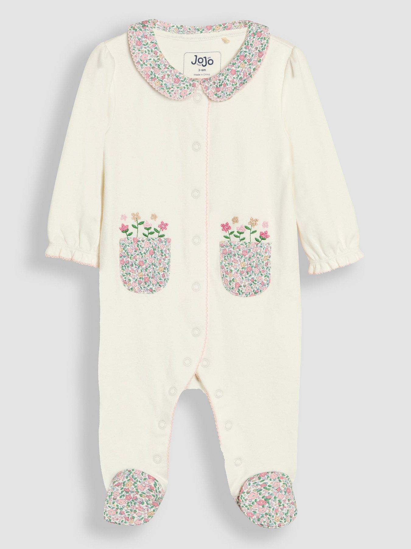 Image 2 of 6 of JoJo Maman Bebe Baby Girls Floral Embroidered Collar Sleepsuit - Cream