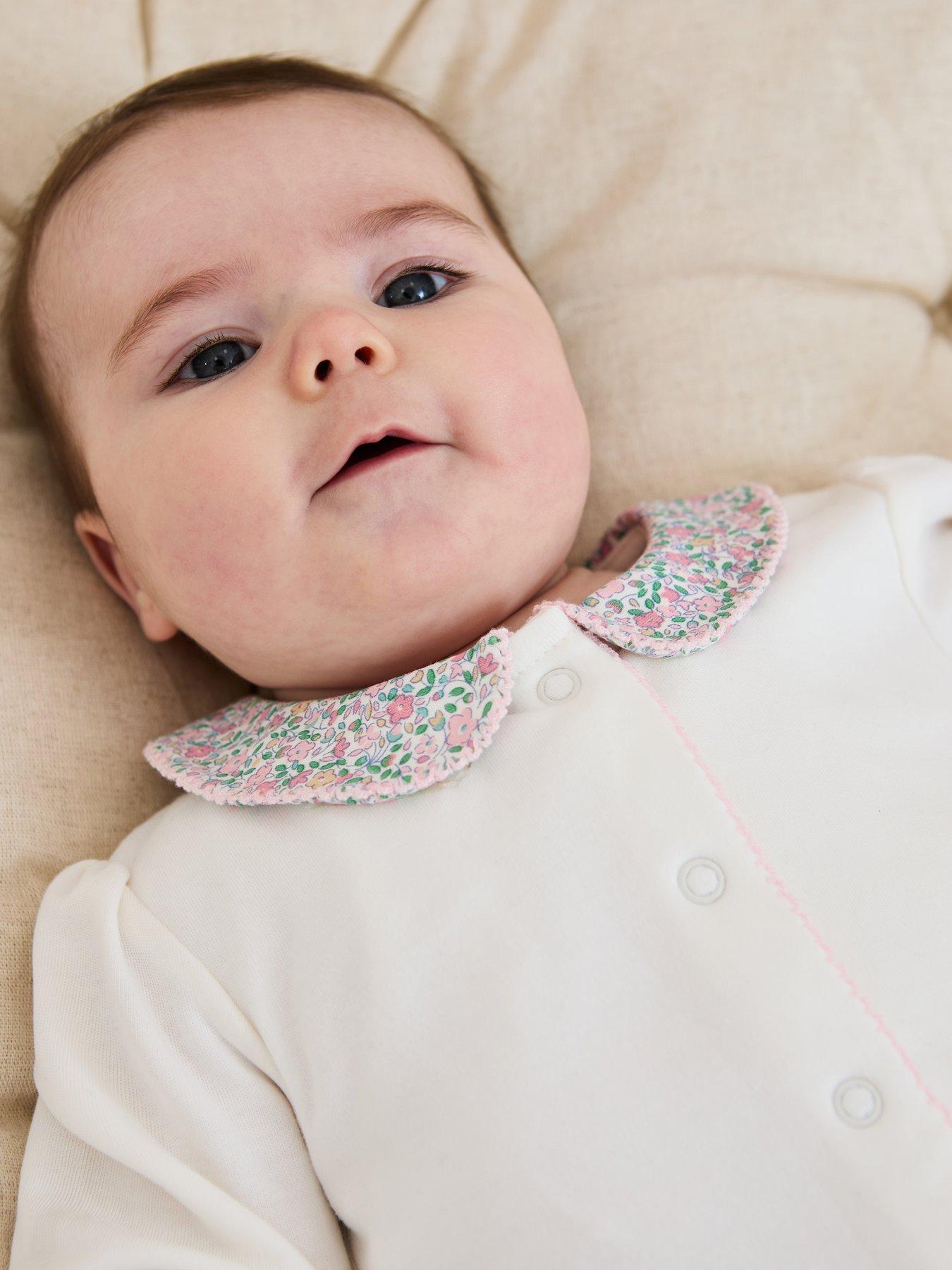 Image 5 of 6 of JoJo Maman Bebe Baby Girls Floral Embroidered Collar Sleepsuit - Cream