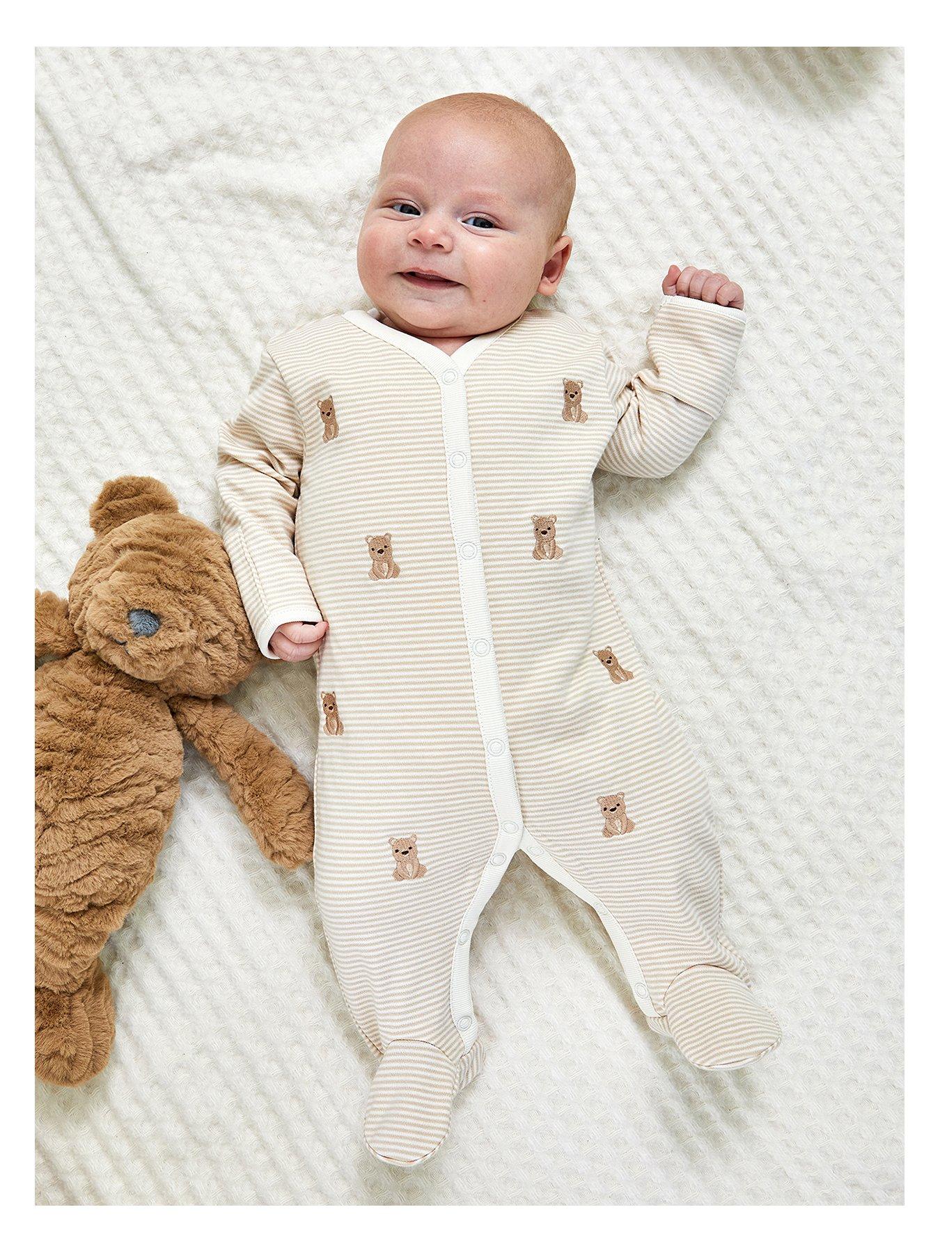 JoJo Maman Bebe Baby Unisex Bear Embroidered Sleepsuit - Beige