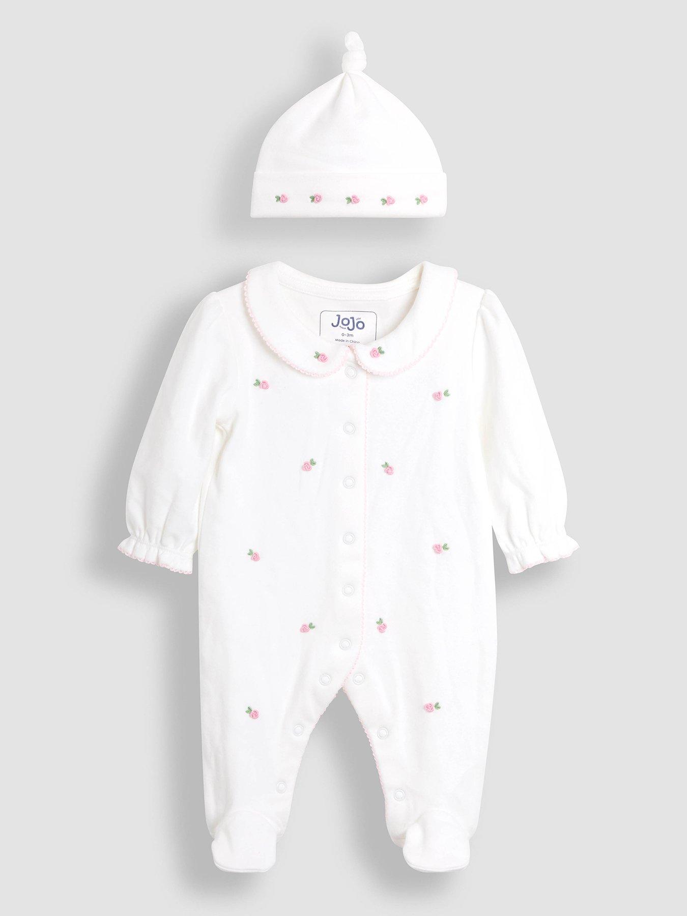  image of jojo-maman-bebe-baby-girls-rosebud-embroidered-sleepsuit-and-hat-set-cream