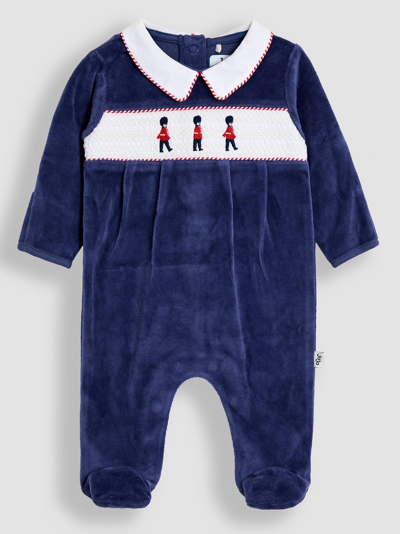 front image of jojo-maman-bebe-baby-boys-soldier-smocked-velour-all-in-one-navy