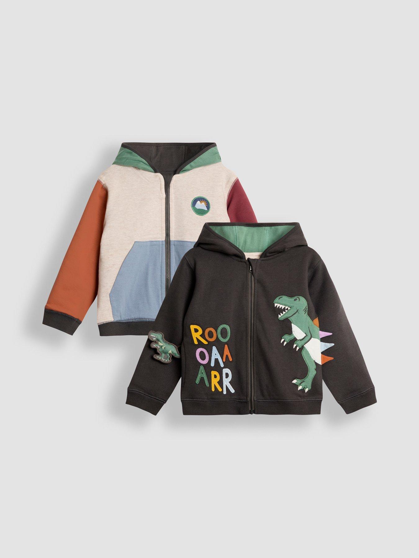 Image 1 of 7 of JoJo Maman Bebe Toddler Boys T-Rex Applique Reversible Hoodie - Grey