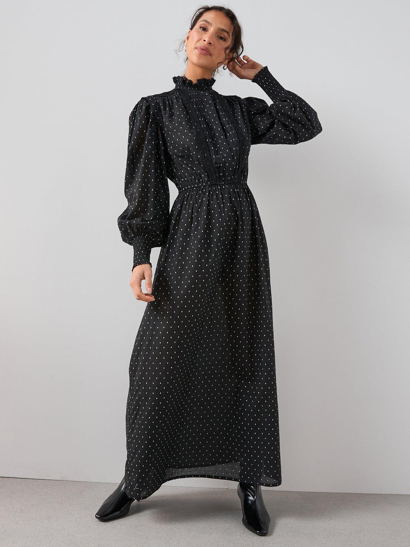 Image 1 of 7 of The Very Collection Polka Dot High Neck Midi Dress - Black