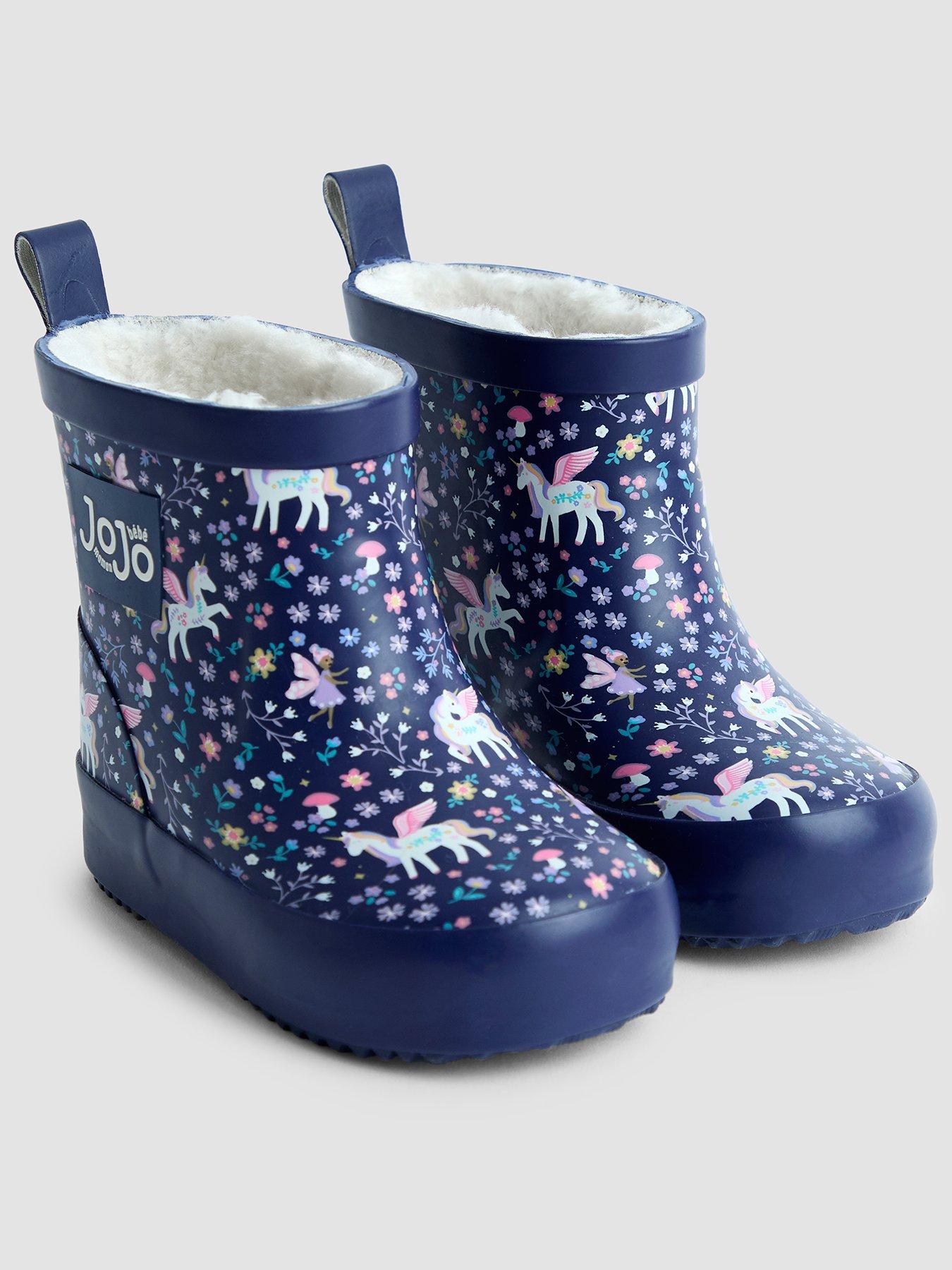  image of jojo-maman-bebe-toddler-girls-short-cosy-lined-unicorn-print-wellie-boots-navy