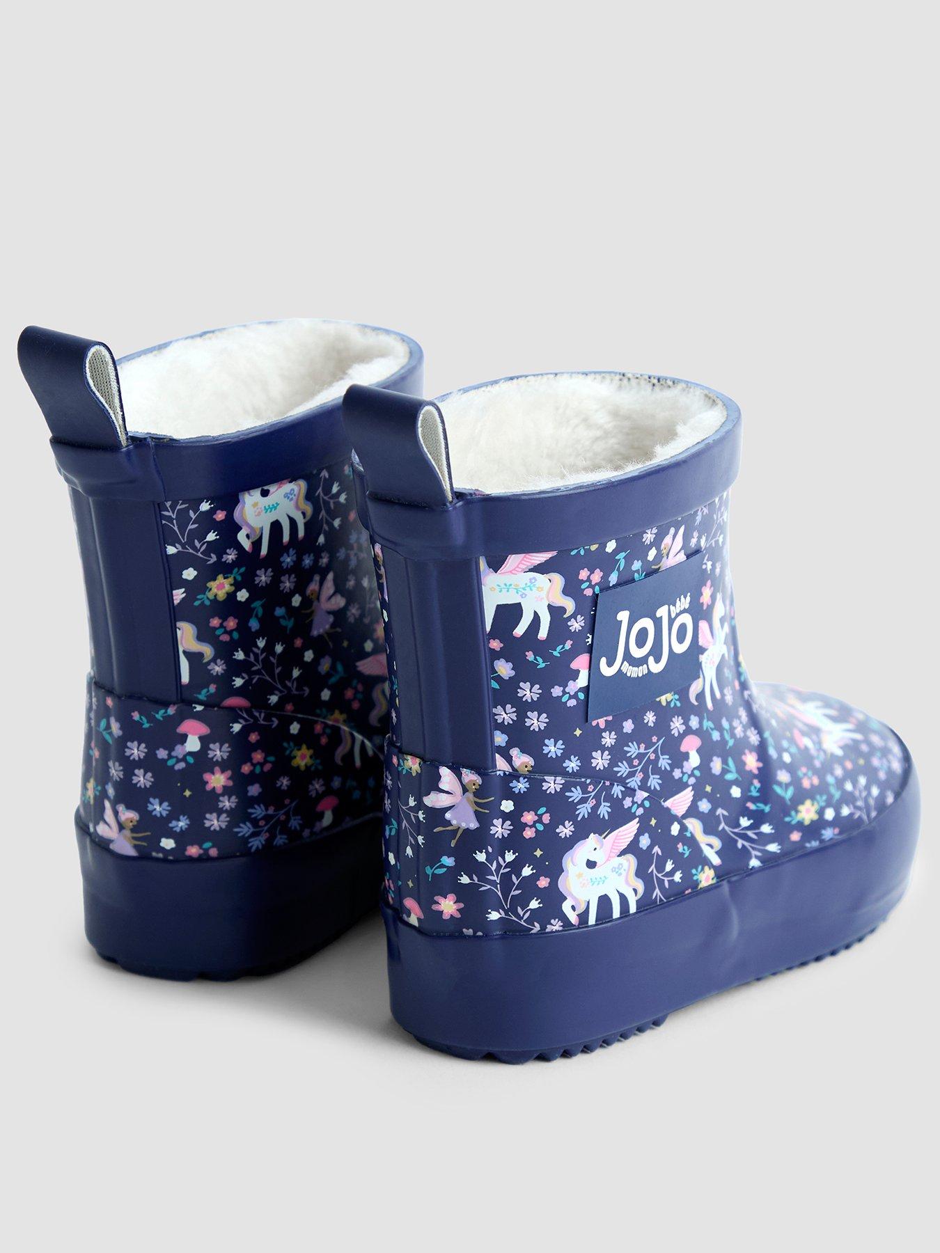  image of jojo-maman-bebe-toddler-girls-short-cosy-lined-unicorn-print-wellie-boots-navy