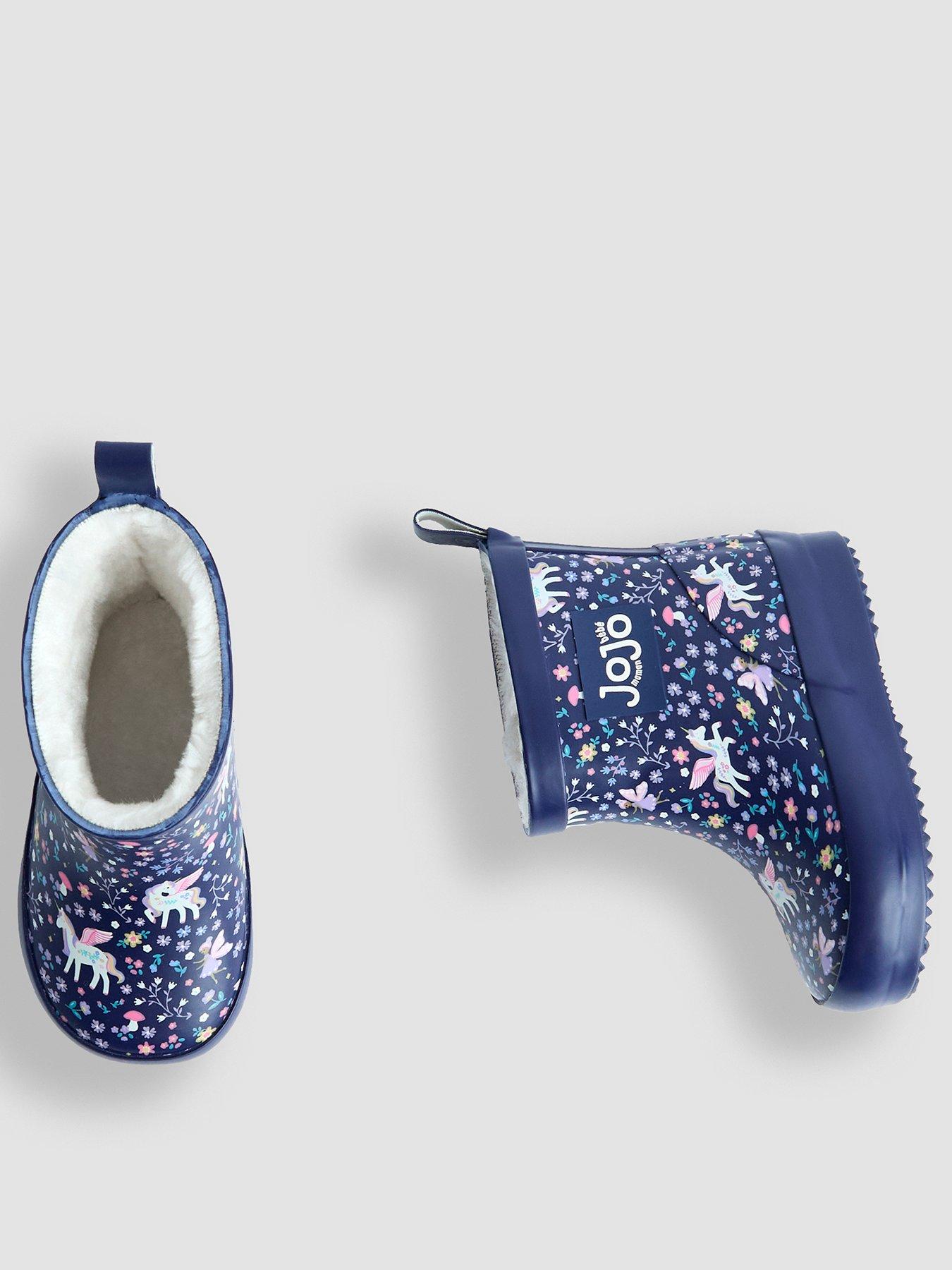  image of jojo-maman-bebe-toddler-girls-short-cosy-lined-unicorn-print-wellie-boots-navy