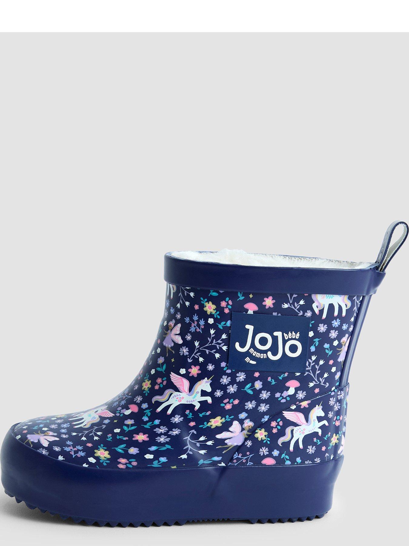  image of jojo-maman-bebe-toddler-girls-short-cosy-lined-unicorn-print-wellie-boots-navy