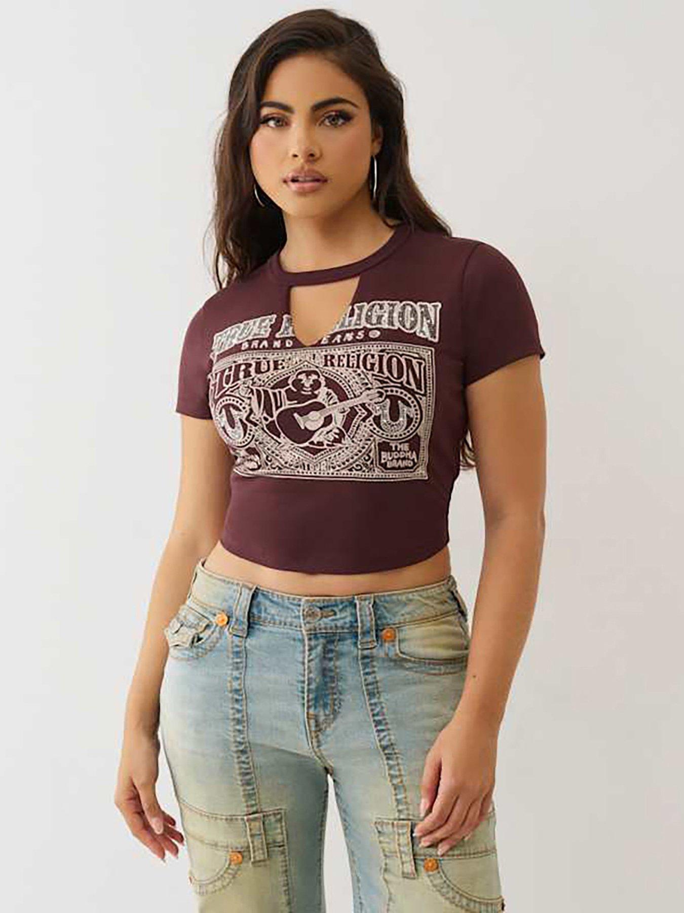 TRUE RELIGION Crystal Buddha Keyhole Short Sleeve Baby T-Shirt - Dark Brown
