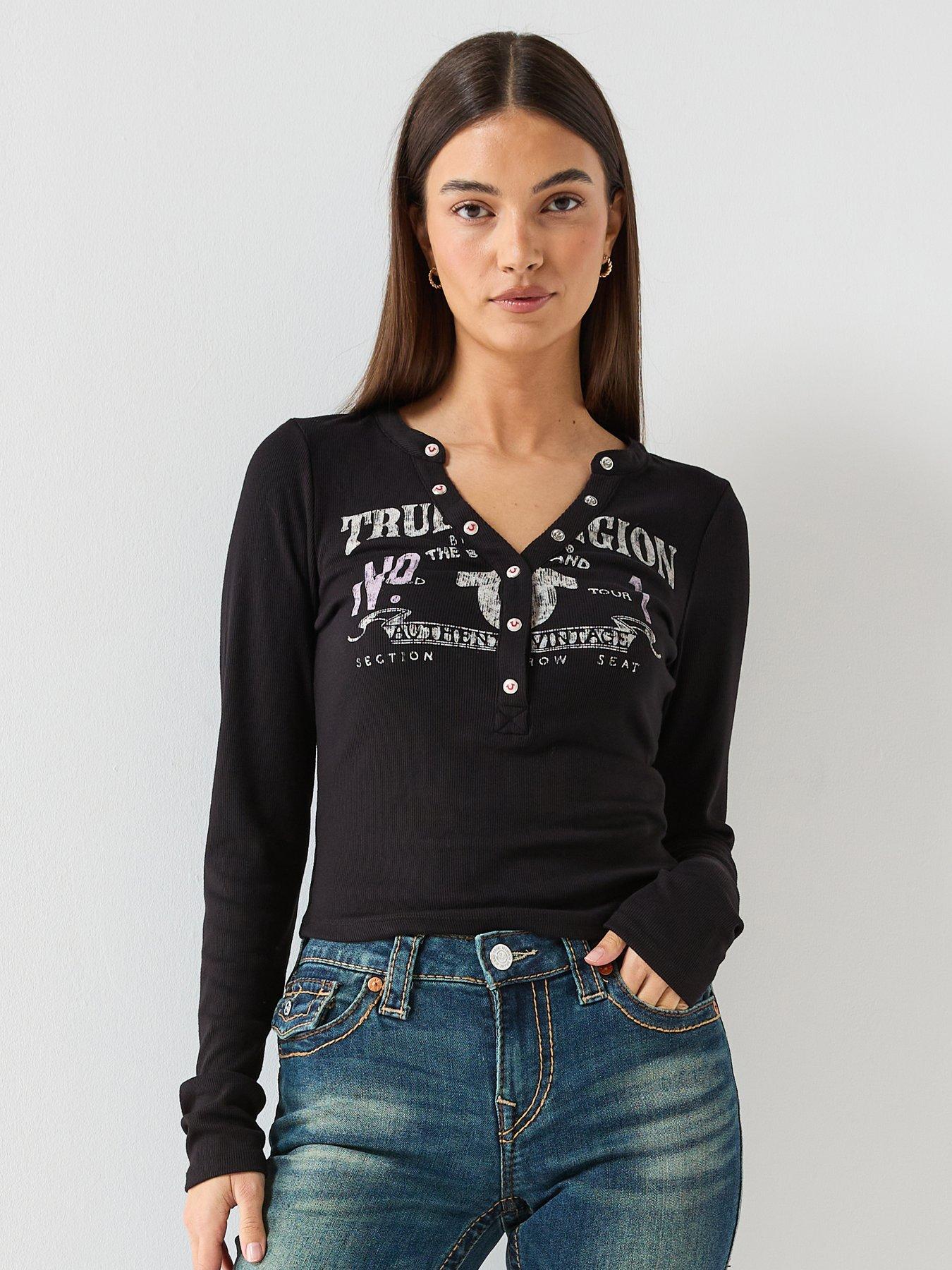  image of true-religion-printed-ribbed-henley-long-sleeve-top-black