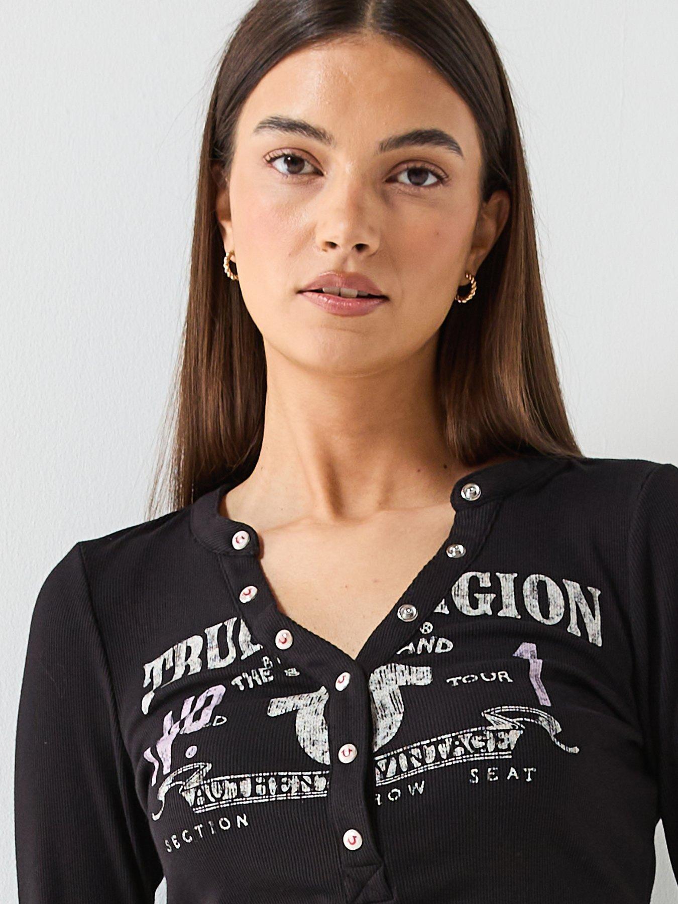  image of true-religion-printed-ribbed-henley-long-sleeve-top-black