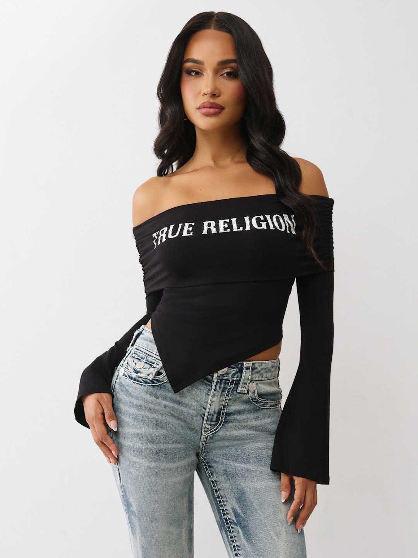 undefined Crystal Asymmetrical Off Shoulder Top - Black