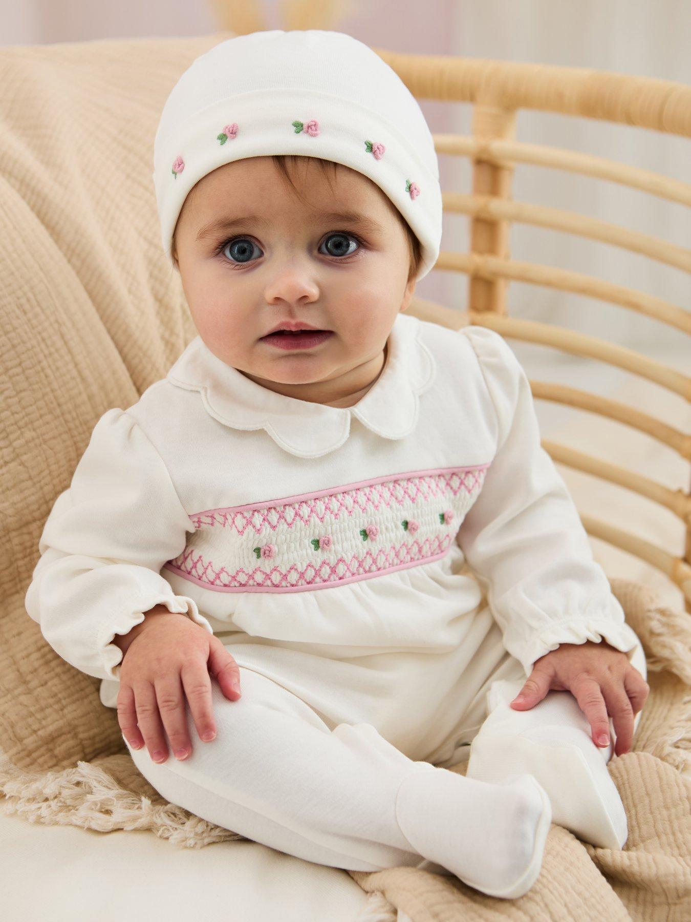 undefined Baby Girls Pretty Smocked Sleepsuit and Hat Set - Cream