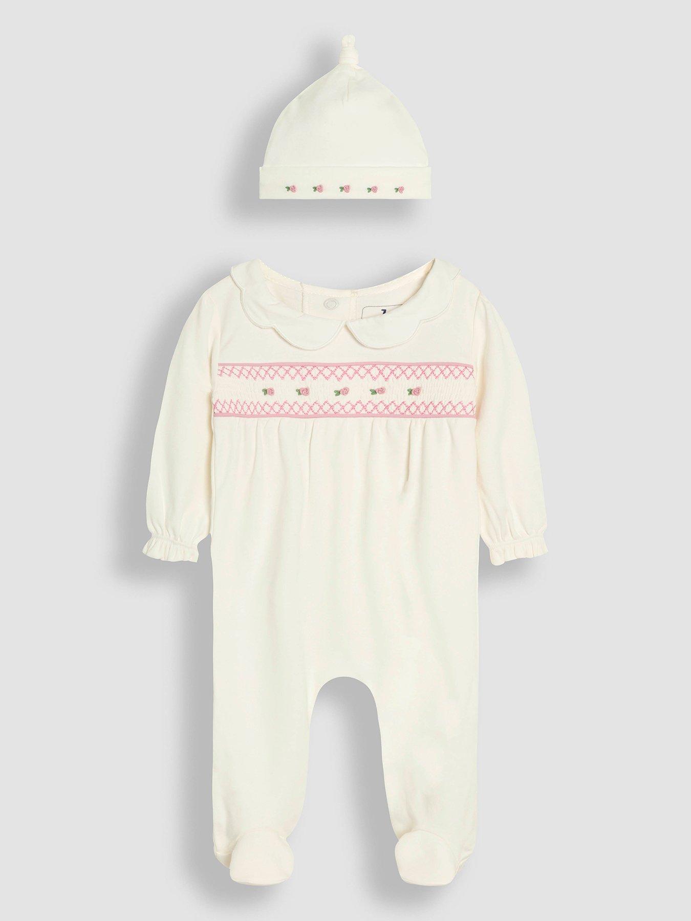 Image 2 of 6 of JoJo Maman Bebe Baby Girls Pretty Smocked Sleepsuit and Hat Set - Cream