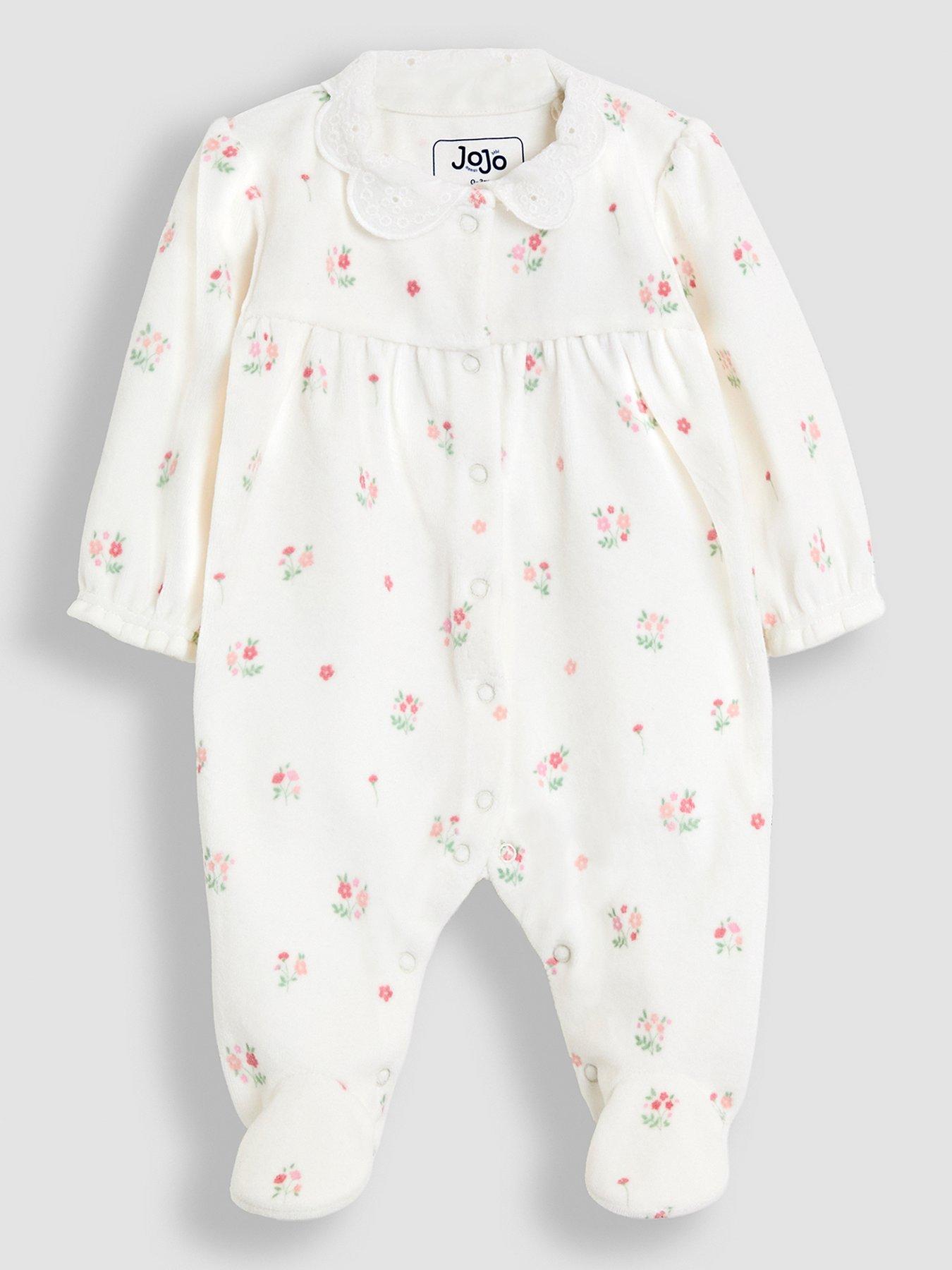 JoJo Maman Bebe Baby Girls Floral Velour Collared All-In-One - Cream