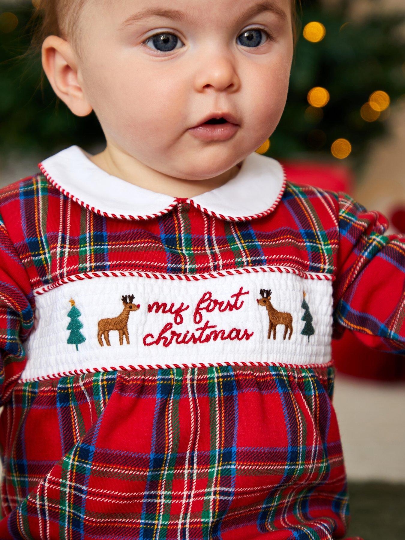 JoJo Maman Bebe Baby Unisex Tartan My First Christmas Sleepsuit - Red