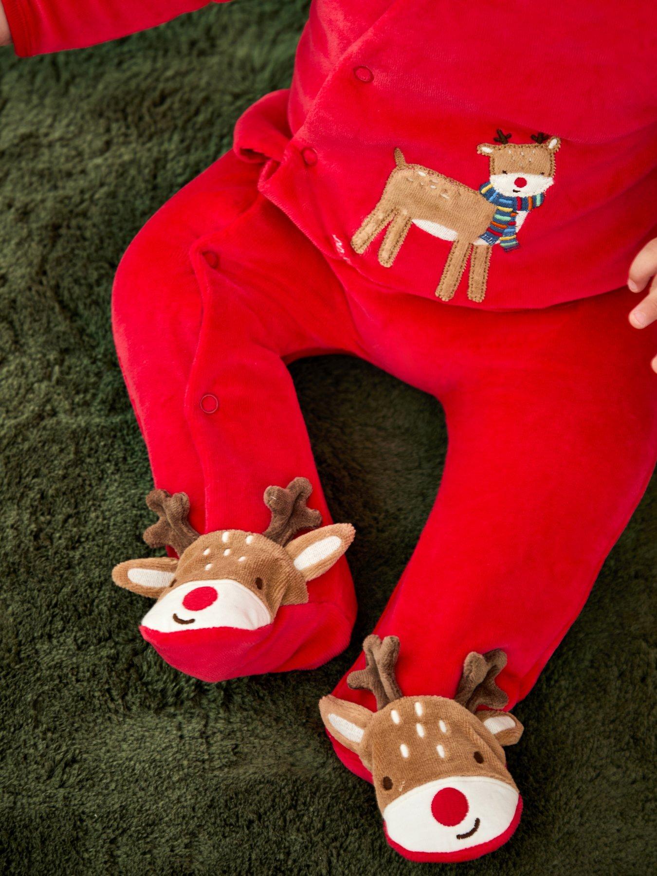 Image 2 of 3 of JoJo Maman Bebe Baby Unisex Christmas Reindeer Velour All-In-One - Red