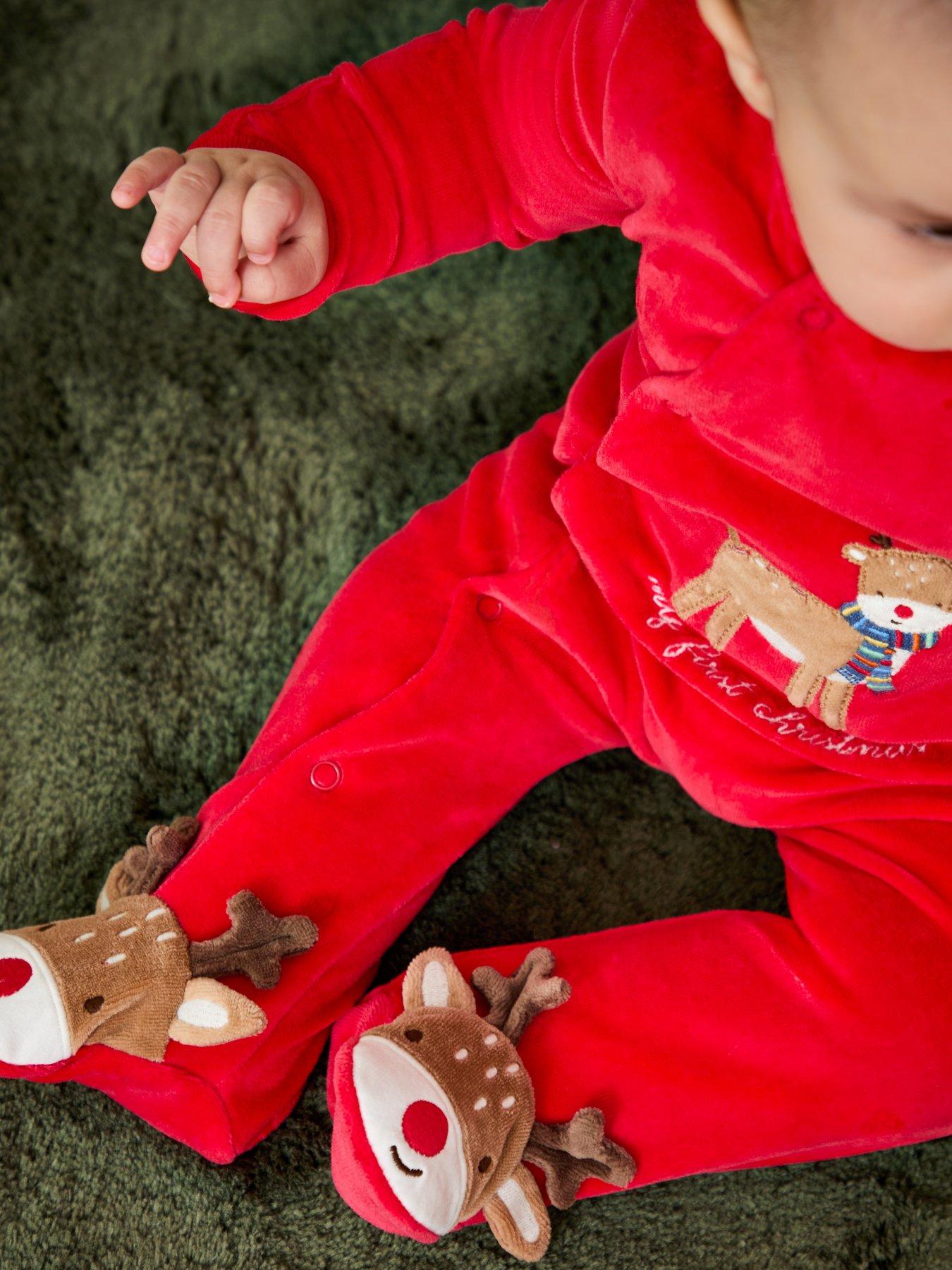 Image 3 of 3 of JoJo Maman Bebe Baby Unisex Christmas Reindeer Velour All-In-One - Red