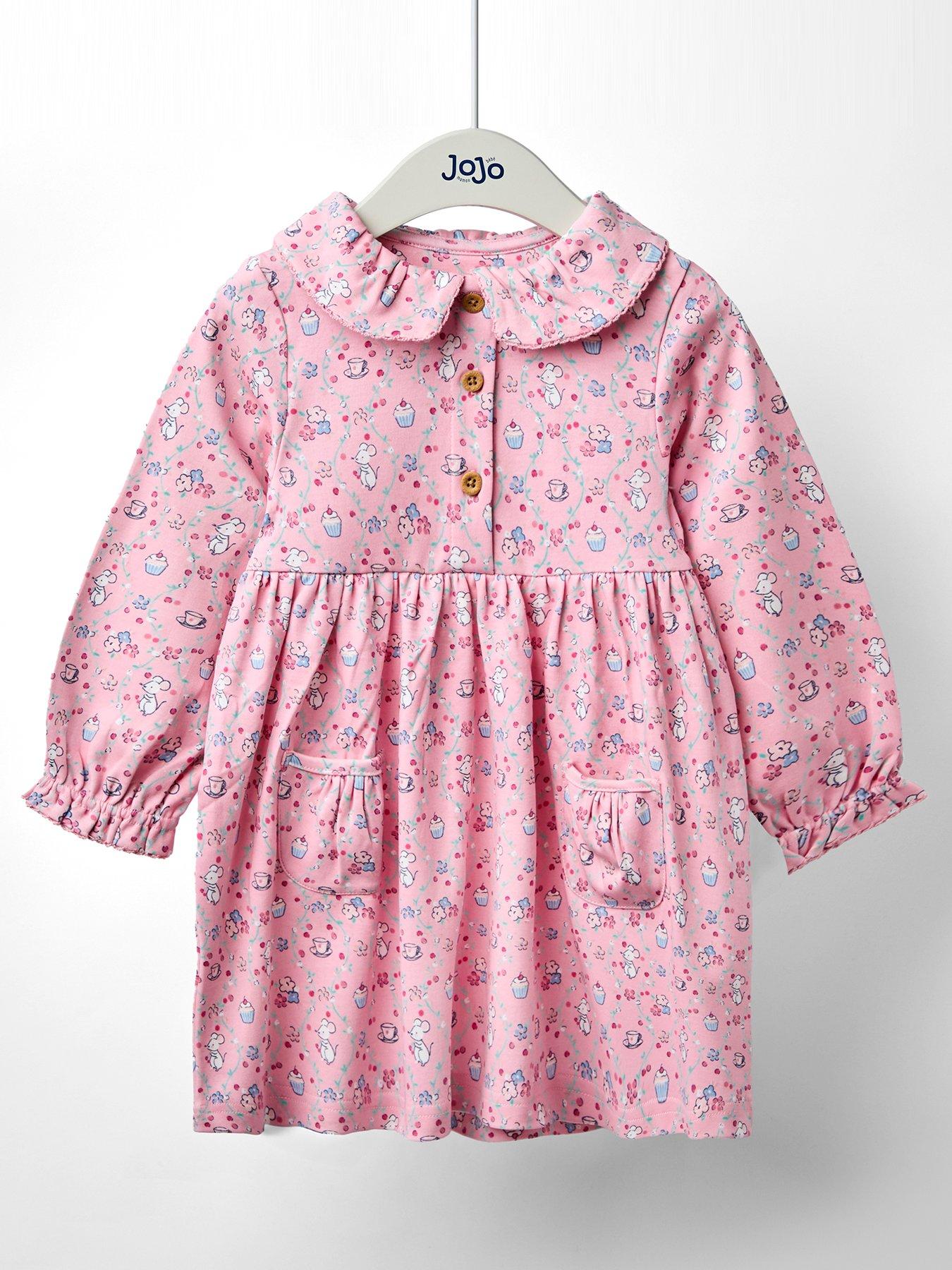 JoJo Maman Bebe Toddler Girls Mouse Tea Party Button Front Frill Collar Dress - Pink