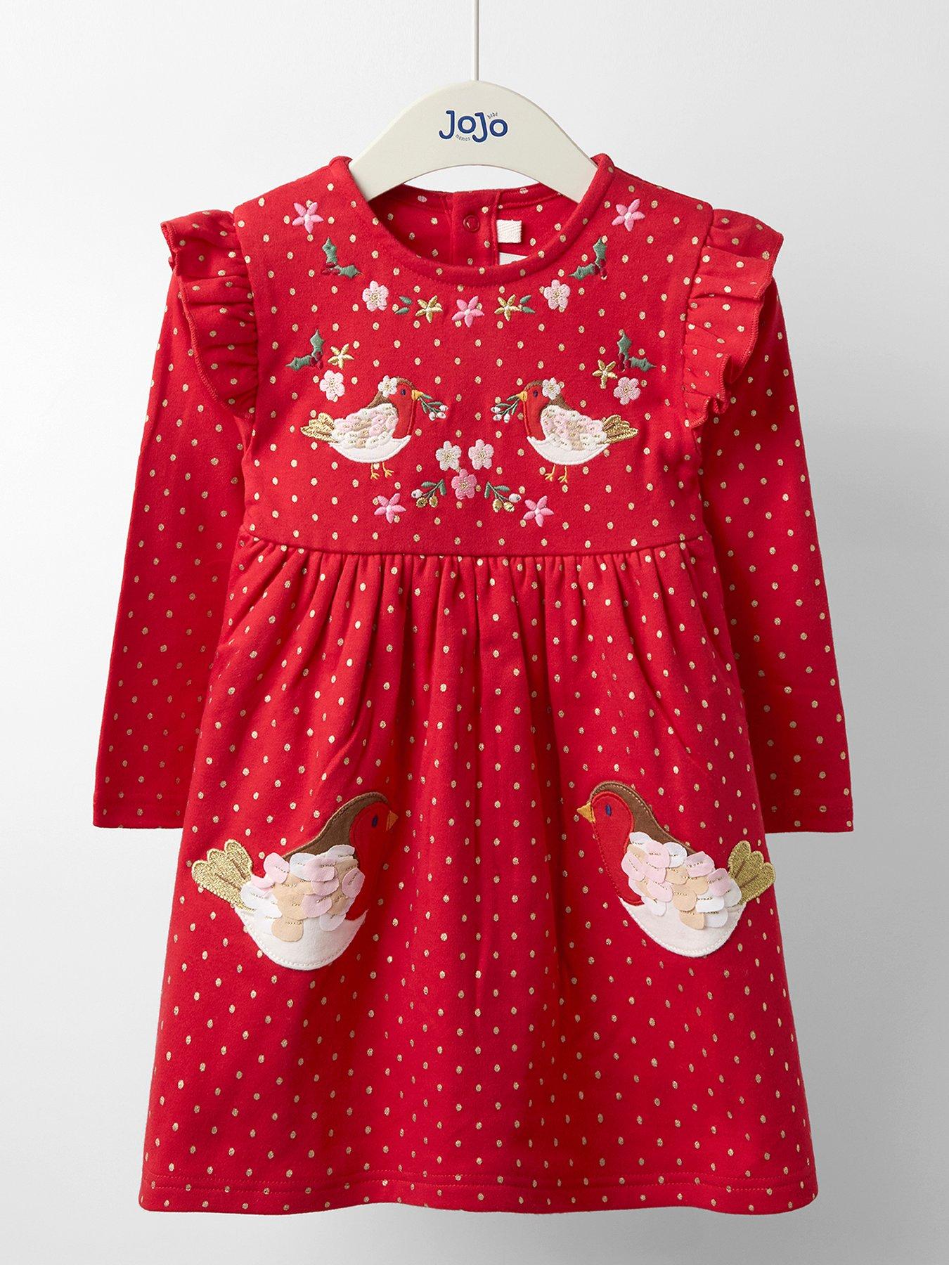 JoJo Maman Bebe Toddler Girls Robin Applique Frill Dress - Red