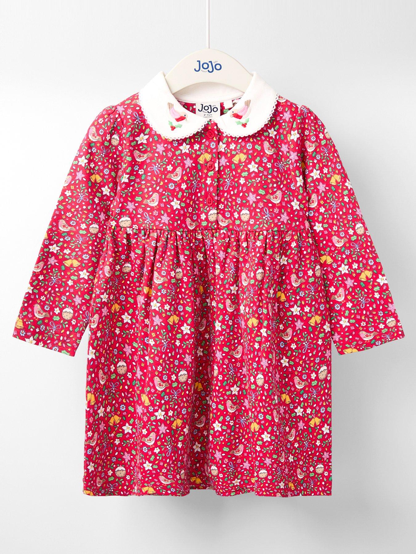 JoJo Maman Bebe Toddler Girls Christmas Robin Floral Peter Pan Dress - Red