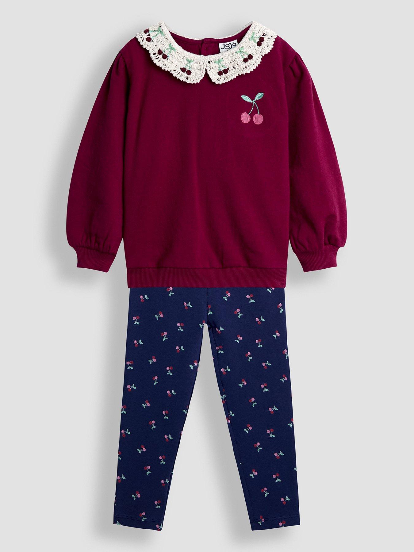 JoJo Maman Bebe Toddler Girls Cherry Crochet Collar Sweatshirt  &  Legging Set - Red