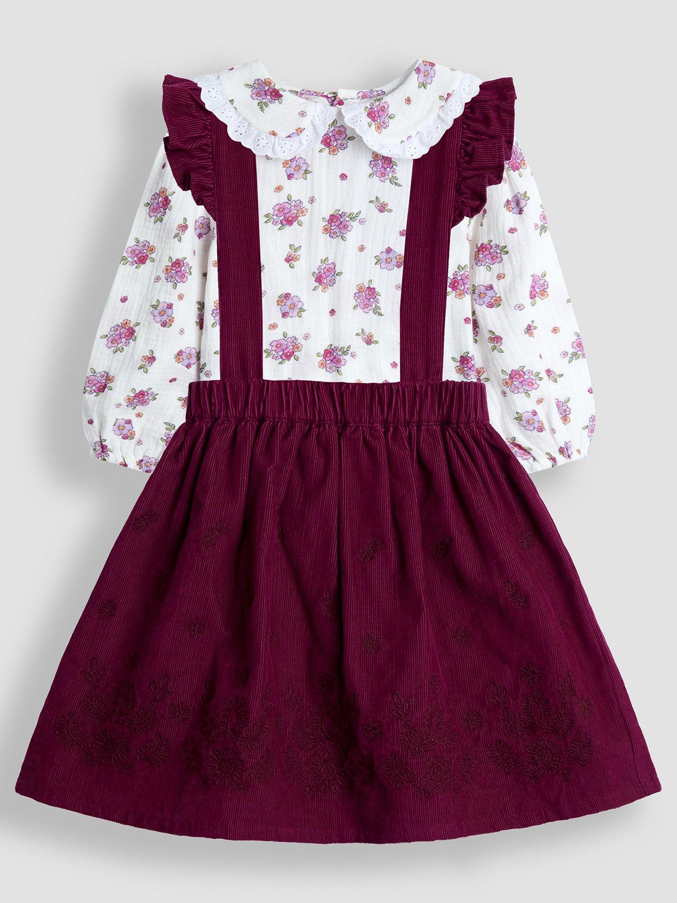  image of jojo-maman-bebe-toddler-girls-embroidered-cord-pinafore-dress-amp-blouse-set-red