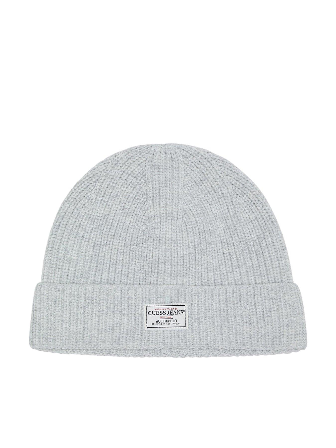  image of guess-jeans-patch-logo-knitted-beanie-grey