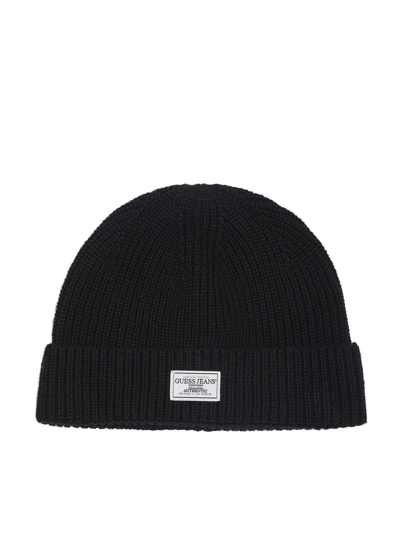 front image of guess-jeans-patch-logo-knitted-beanie-black