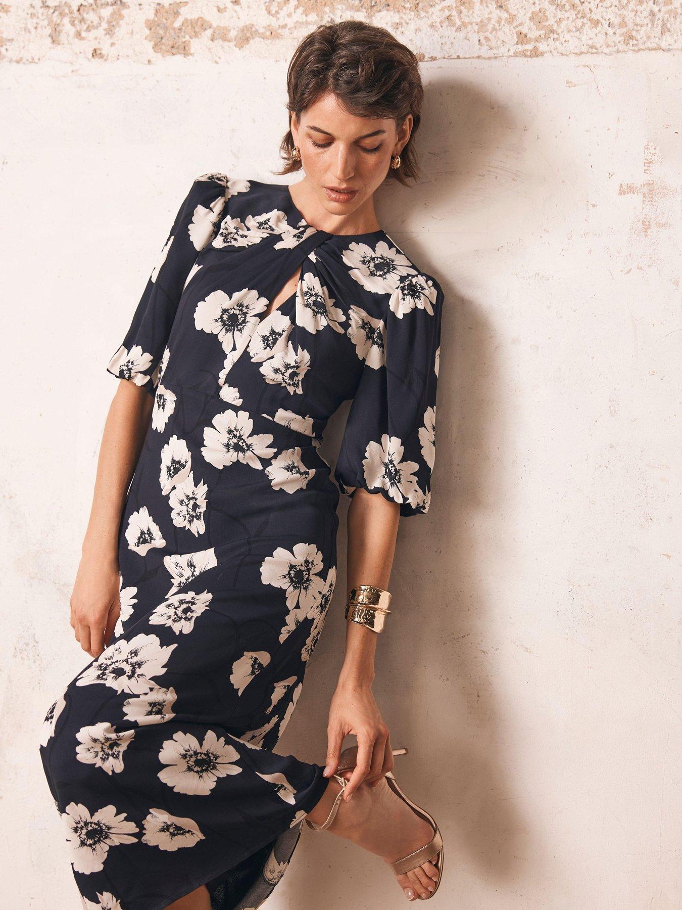  image of mint-velvet-navy-floral-print-dress-blue