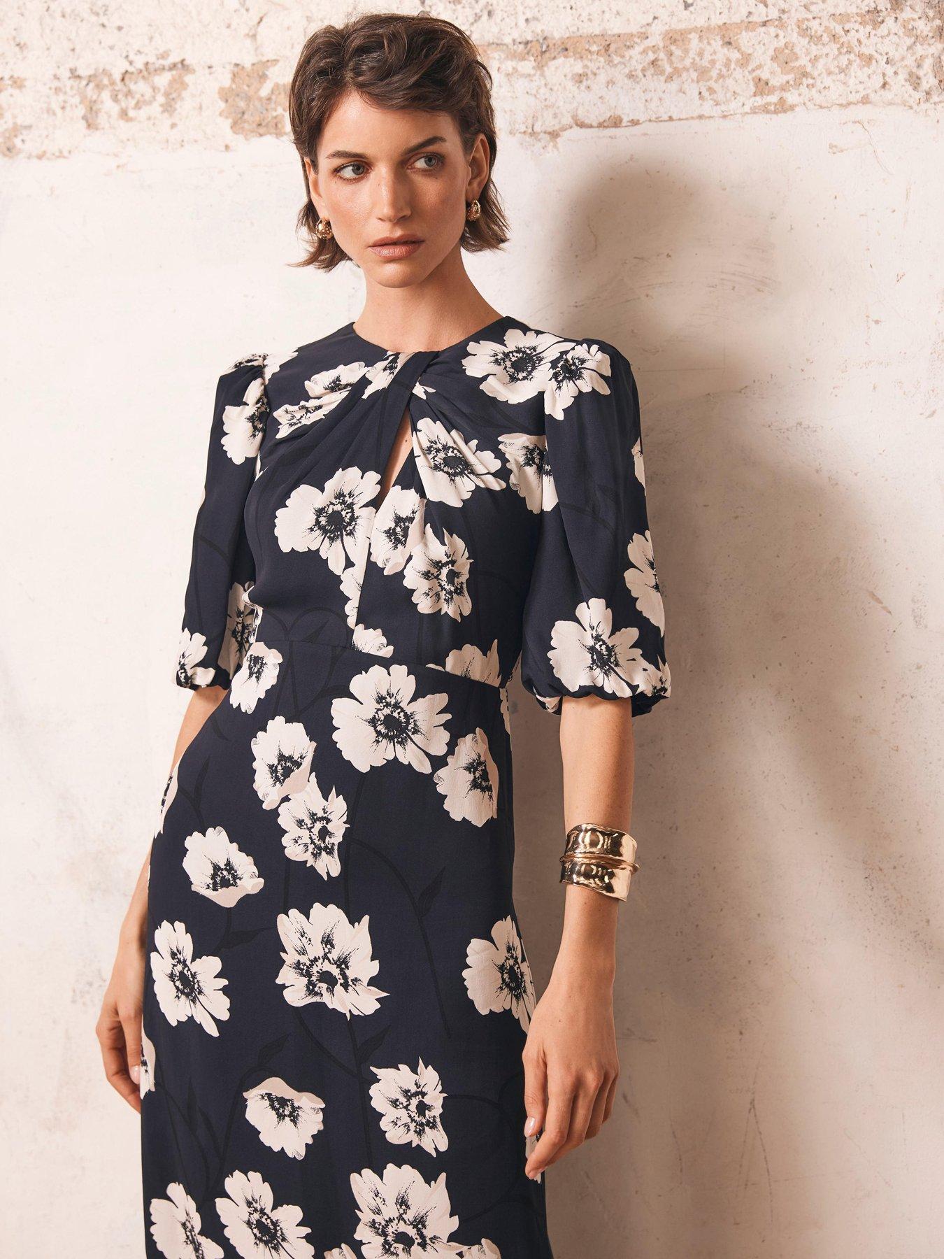  image of mint-velvet-navy-floral-print-dress-blue