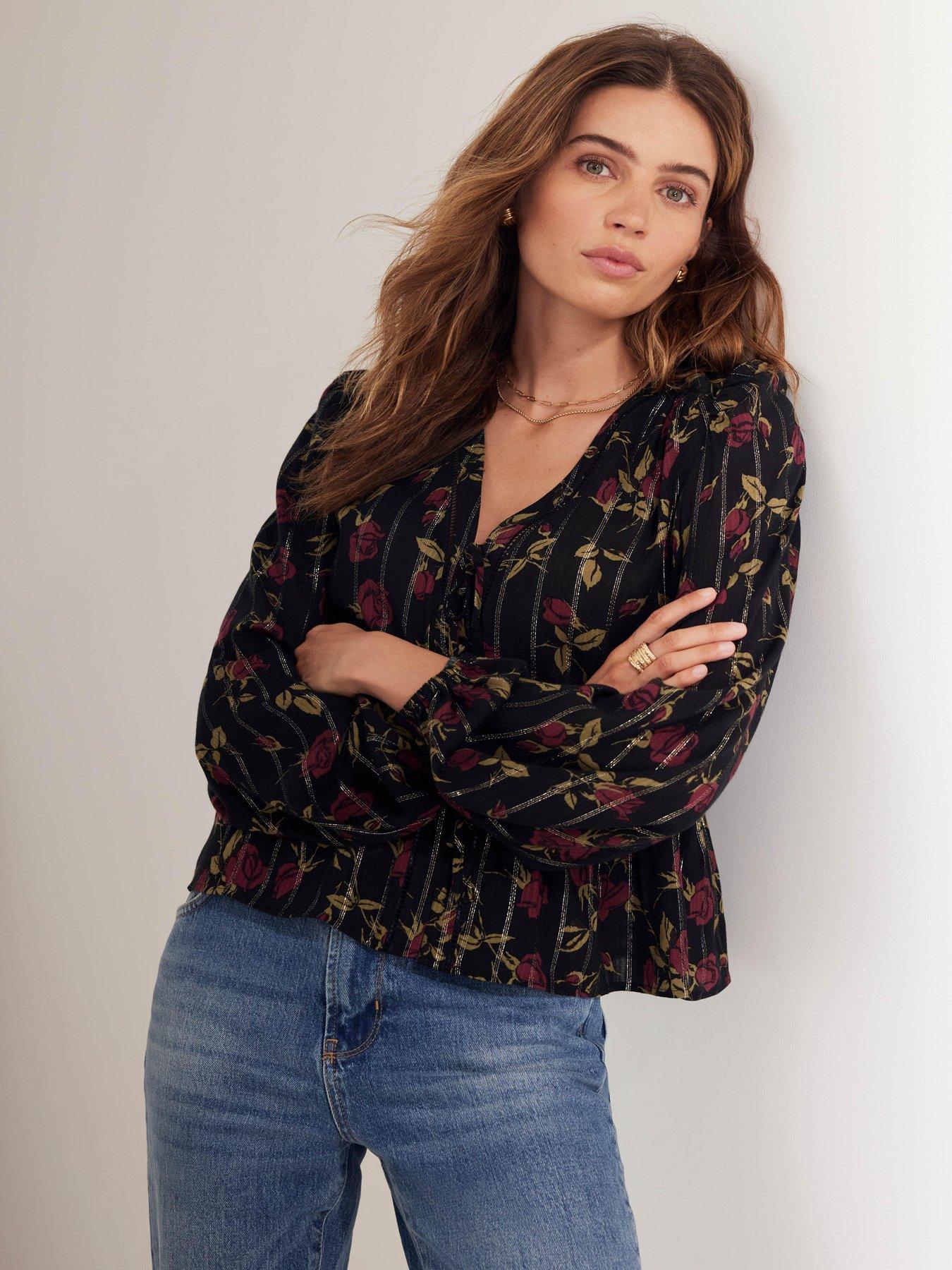 undefined Rose Print Tie Front Top - Red