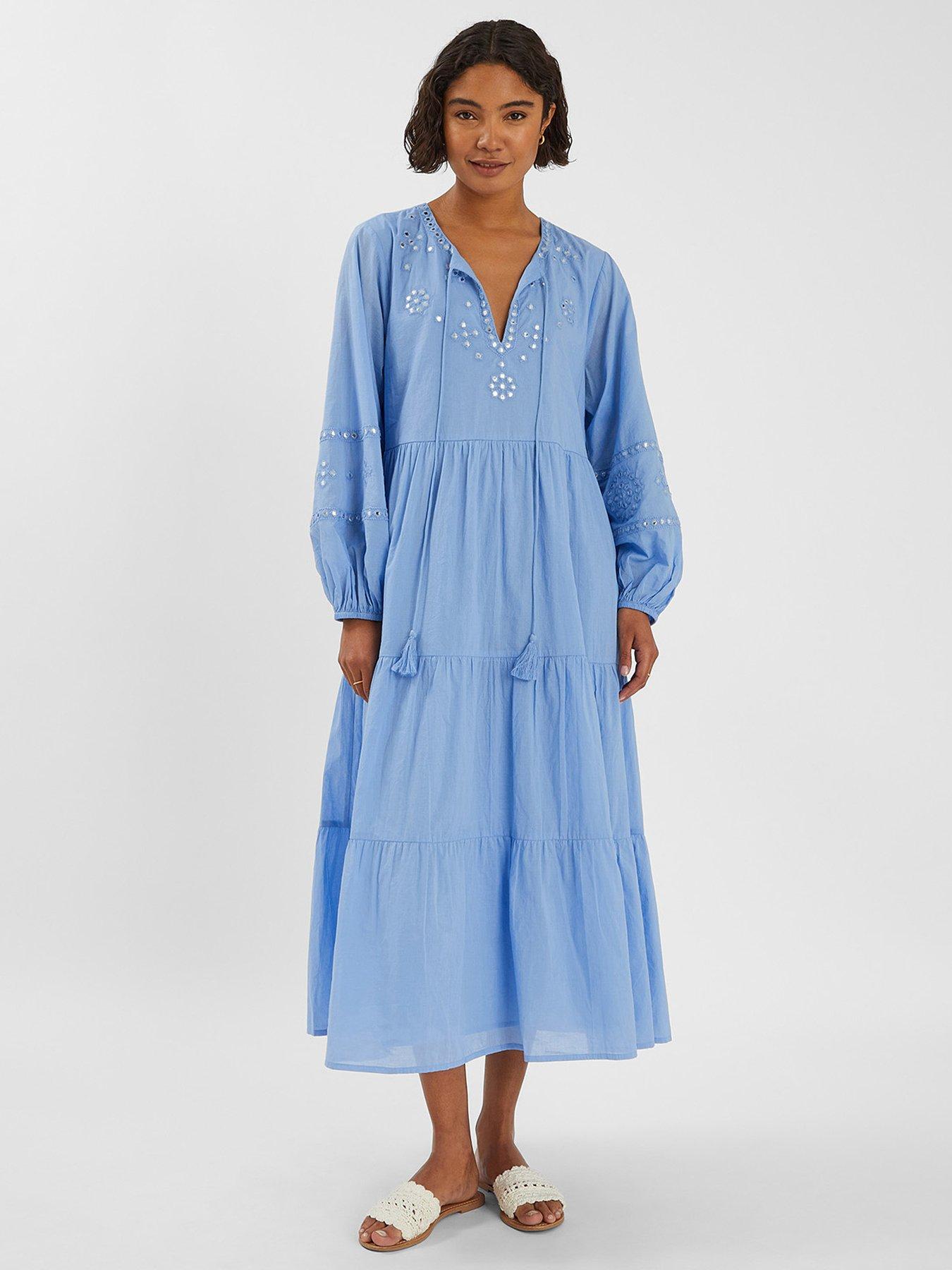 undefined Mirror Embellished Long Sleeve Midi Dress - Blue